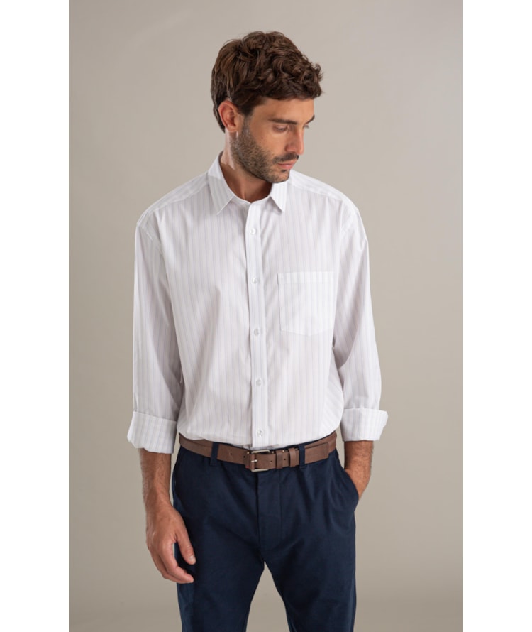 Camisa Tricoline Ly Listrado Degas Ml Branco