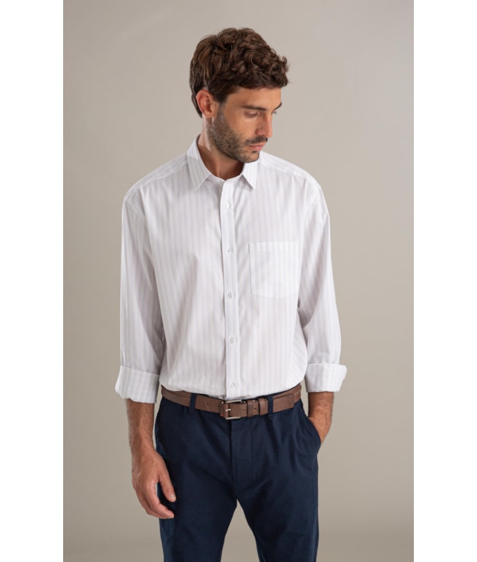 Camisa Tricoline Ly Listrado Degas Ml Branco