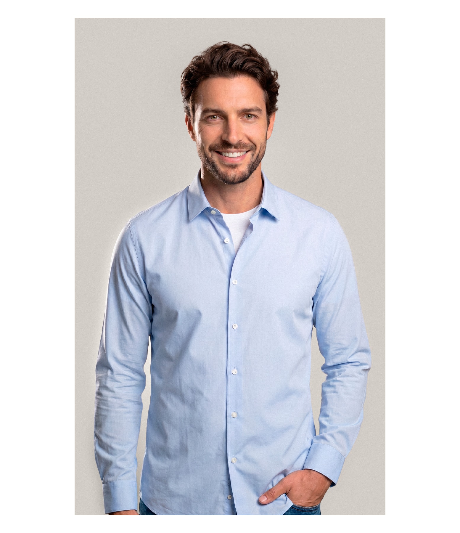 Camisa Tricoline Lycra Ml Azul Claro