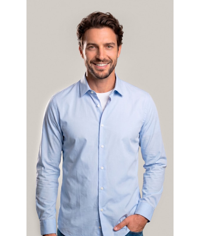 Camisa Tricoline Lycra Ml Azul Claro