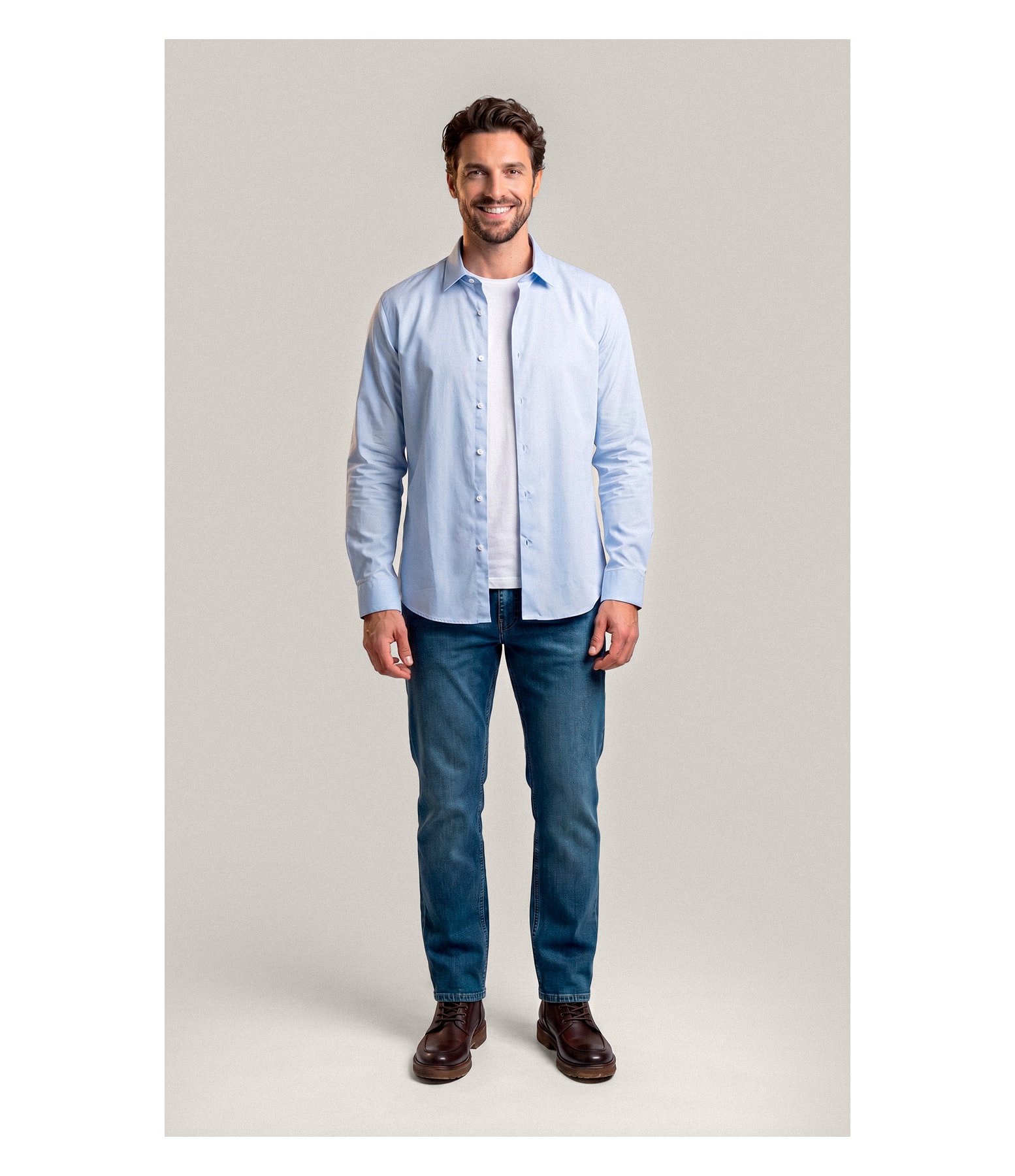 Camisa Tricoline Lycra Ml Azul Claro