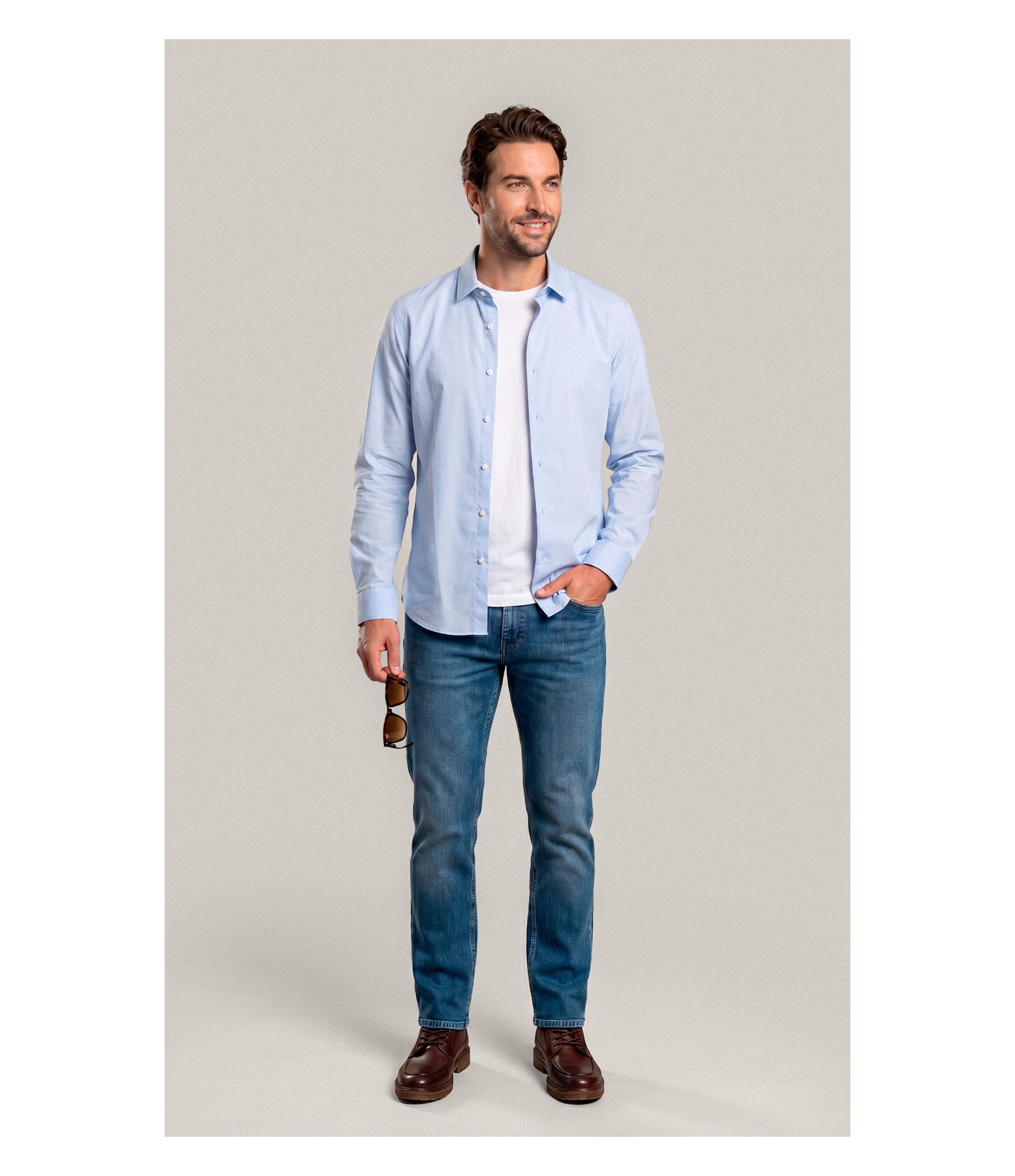Camisa Tricoline Lycra Ml Azul Claro