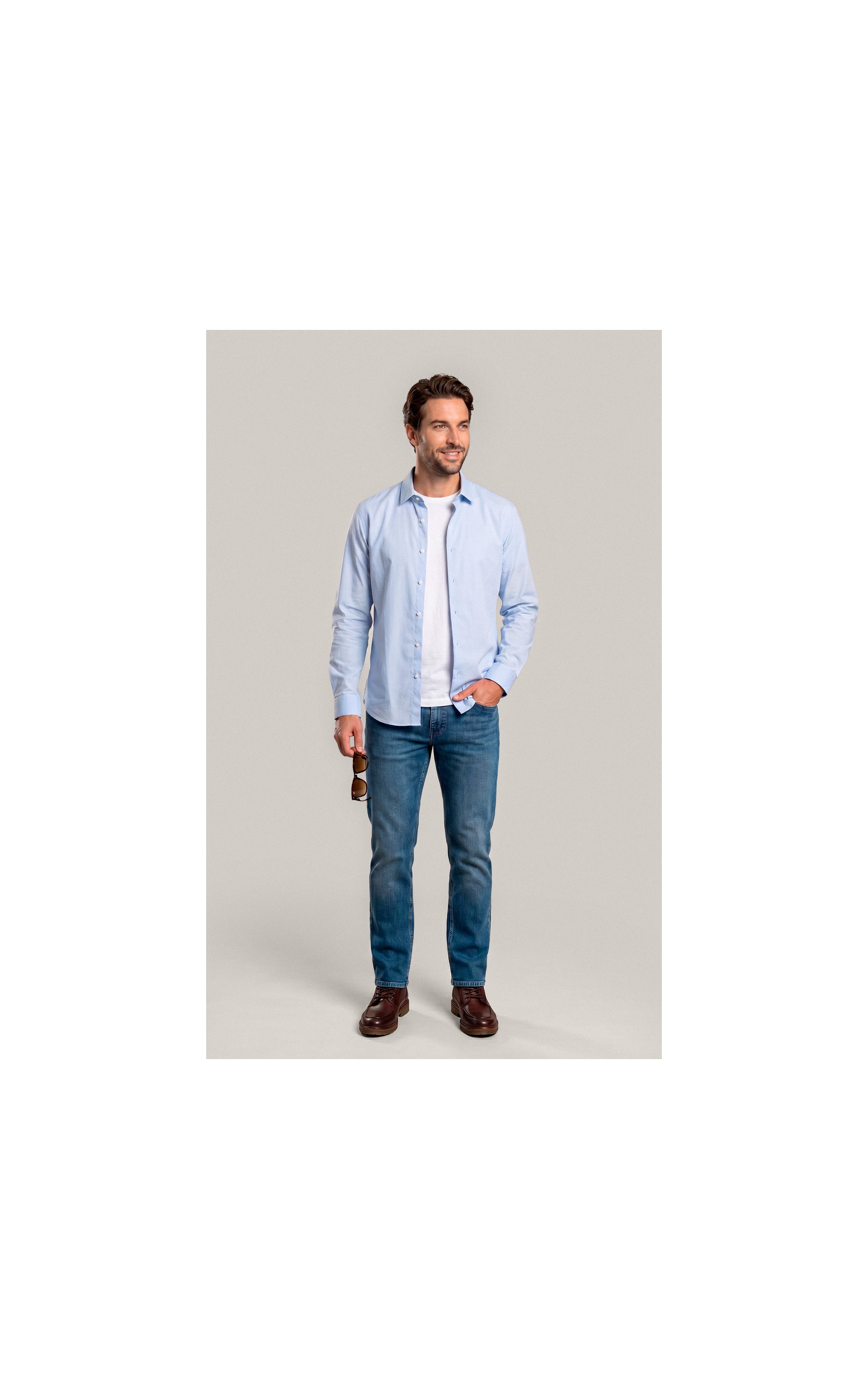 Camisa Tricoline Lycra Ml Azul Claro