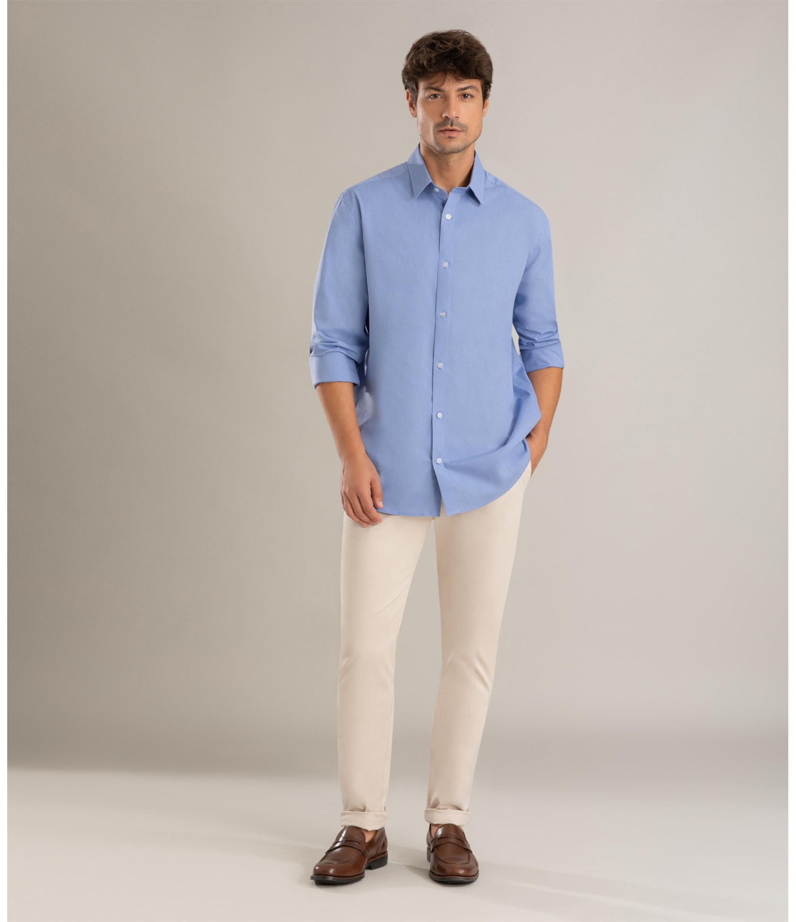 Camisa Tricoline Silvio Ml Azul Pervante