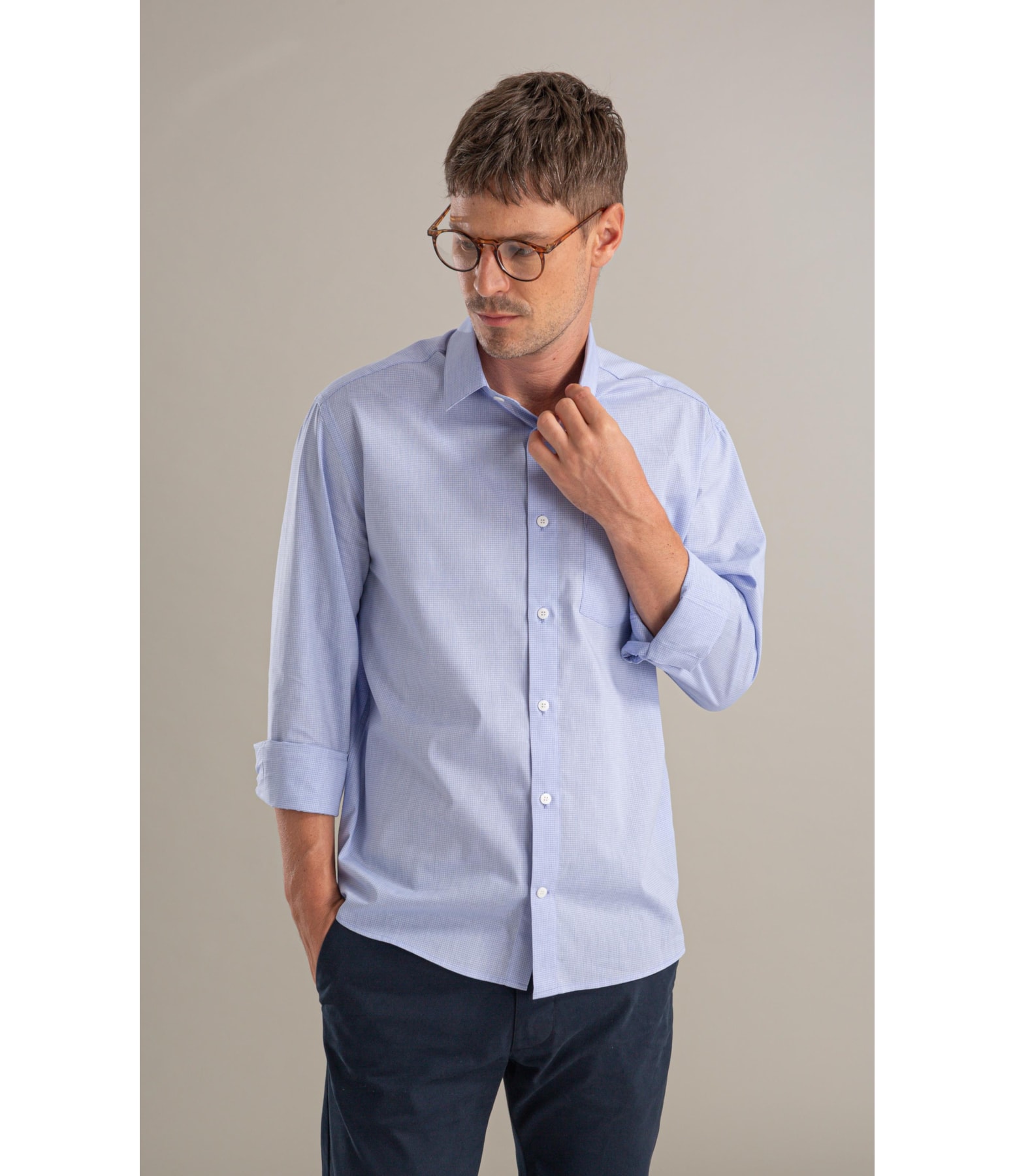 Camisa Tricoline Xadrez Fausto Ml Azul Bic
