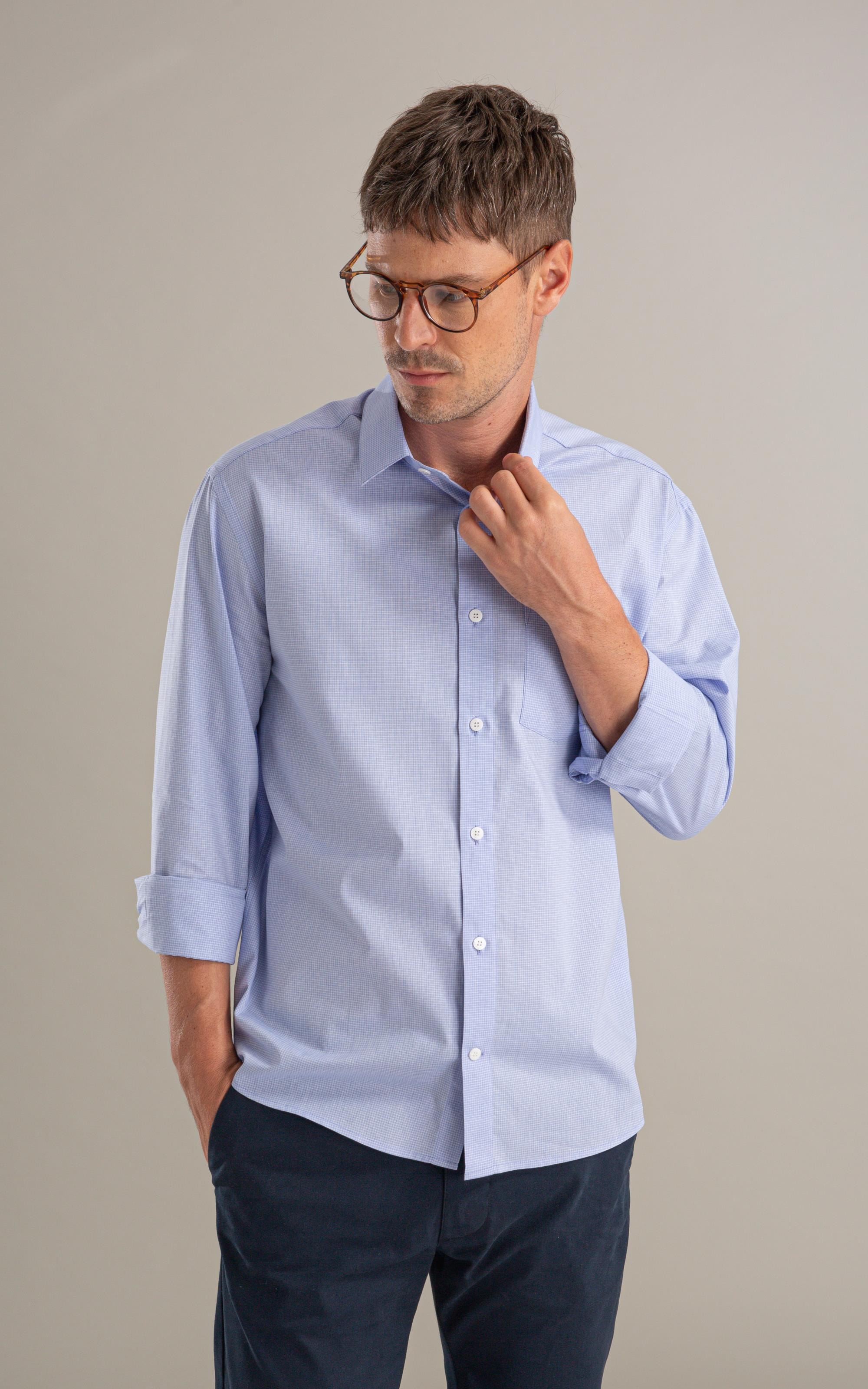 Camisa Tricoline Xadrez Fausto Ml Azul Bic