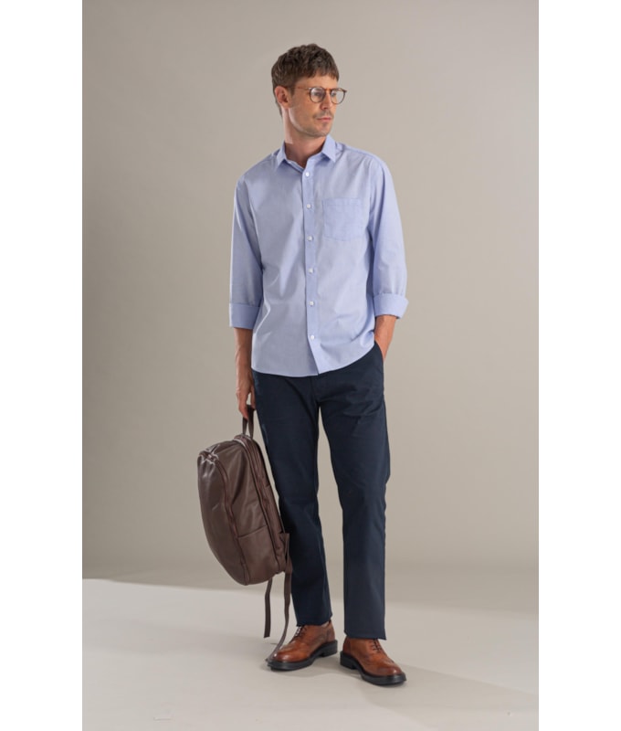 Camisa Tricoline Xadrez Fausto Ml Azul Bic