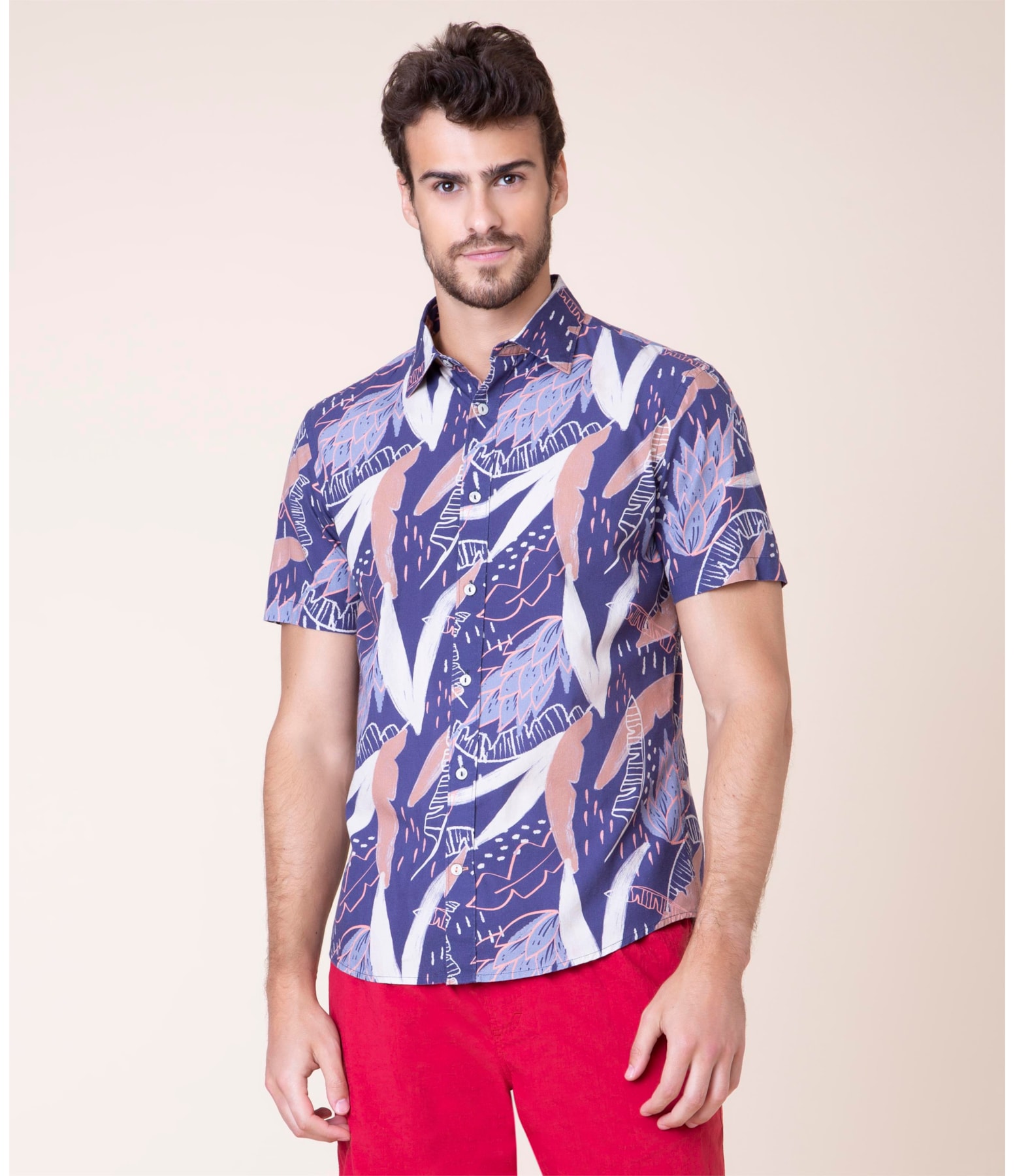 Camisa Tropicalia Estampada Mc Azul Bic