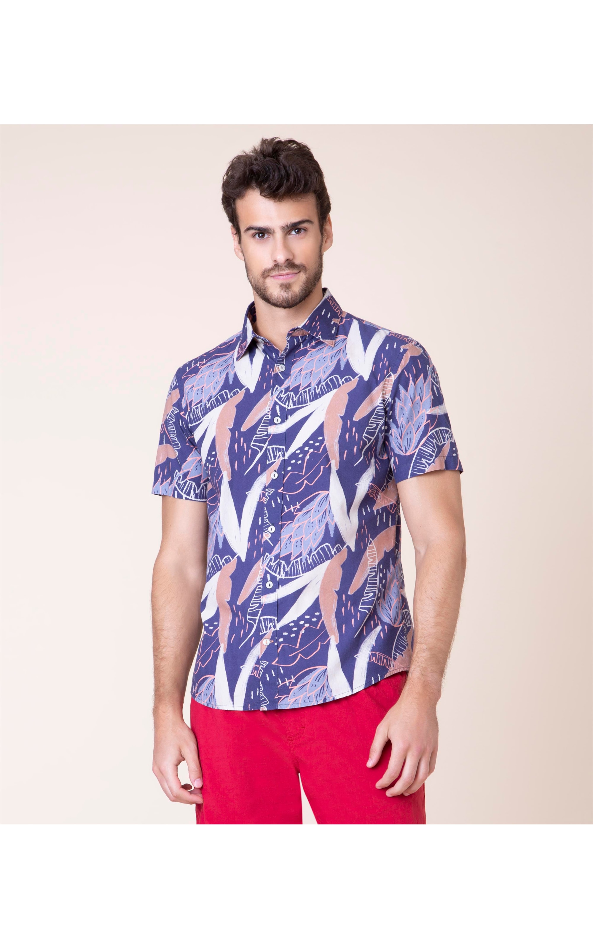 Camisa Tropicalia Estampada Mc Azul Bic