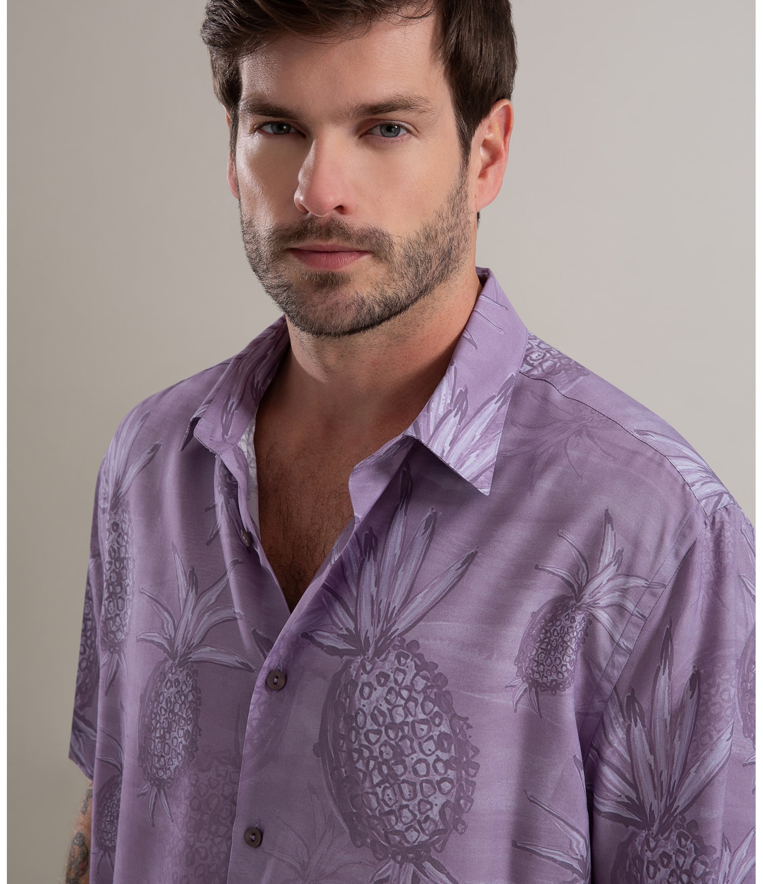 Camisa Viscose Estampada Abacaxis Mc Azul Jeans