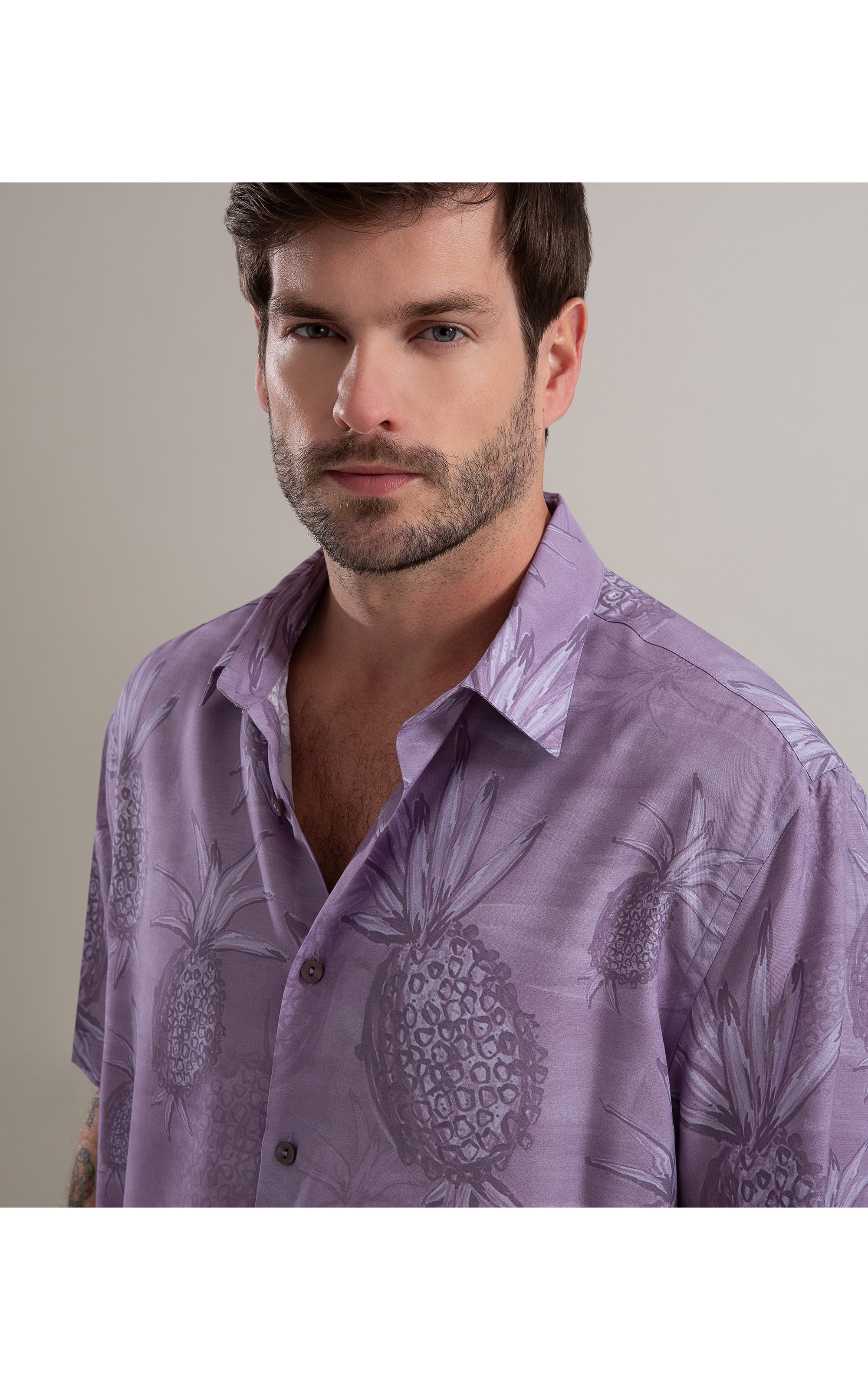 Camisa Viscose Estampada Abacaxis Mc Azul Jeans