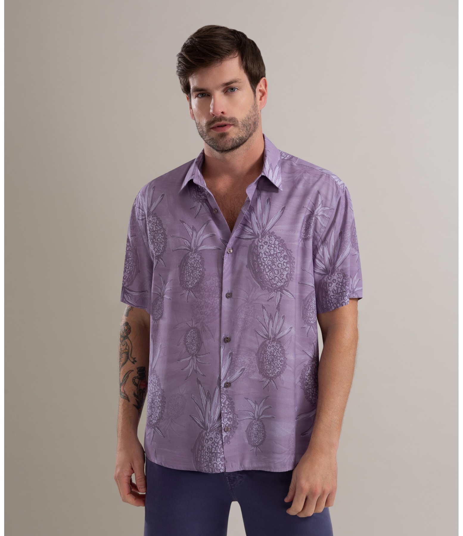Camisa Viscose Estampada Abacaxis Mc Azul Jeans