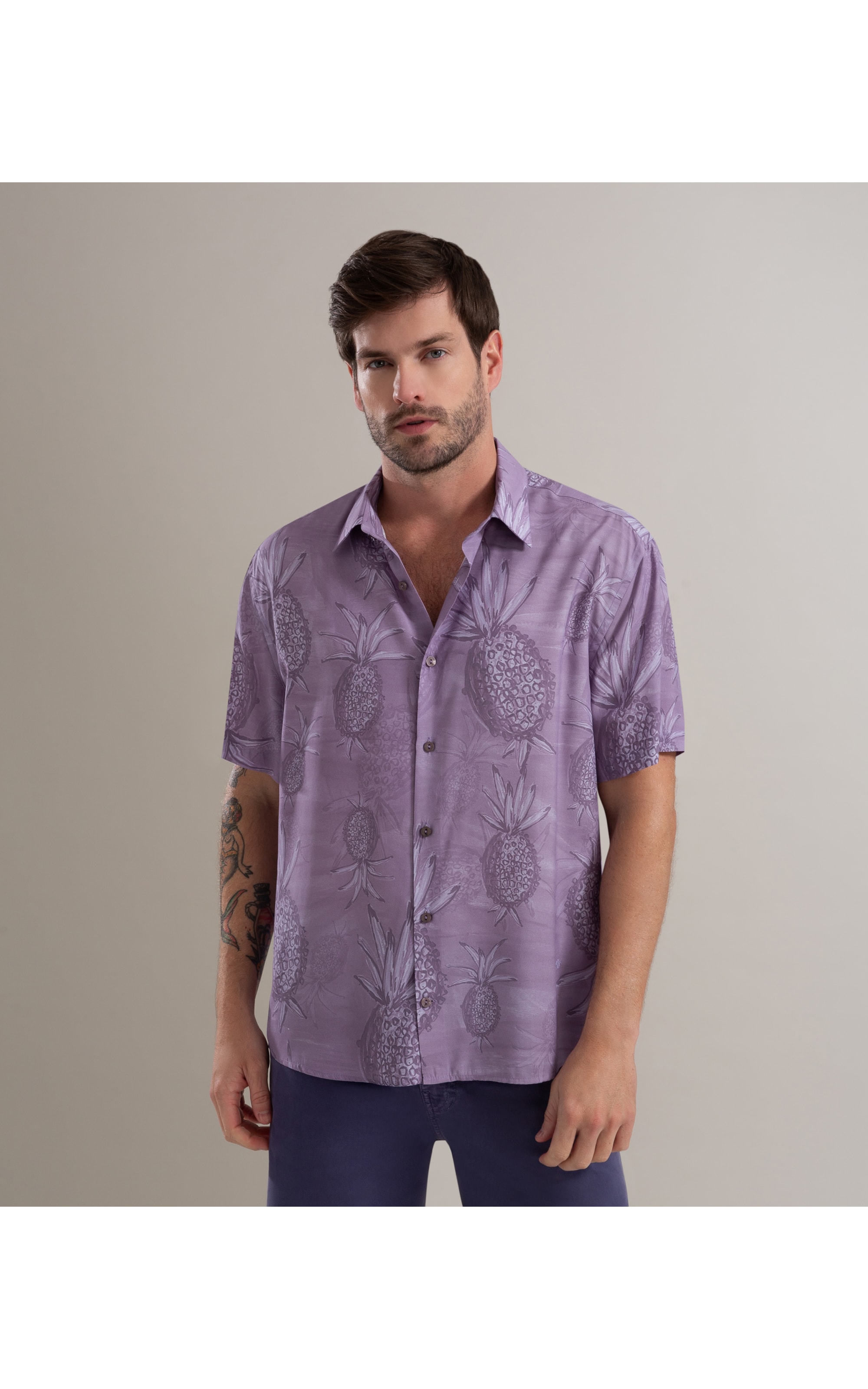 Camisa Viscose Estampada Abacaxis Mc Azul Jeans