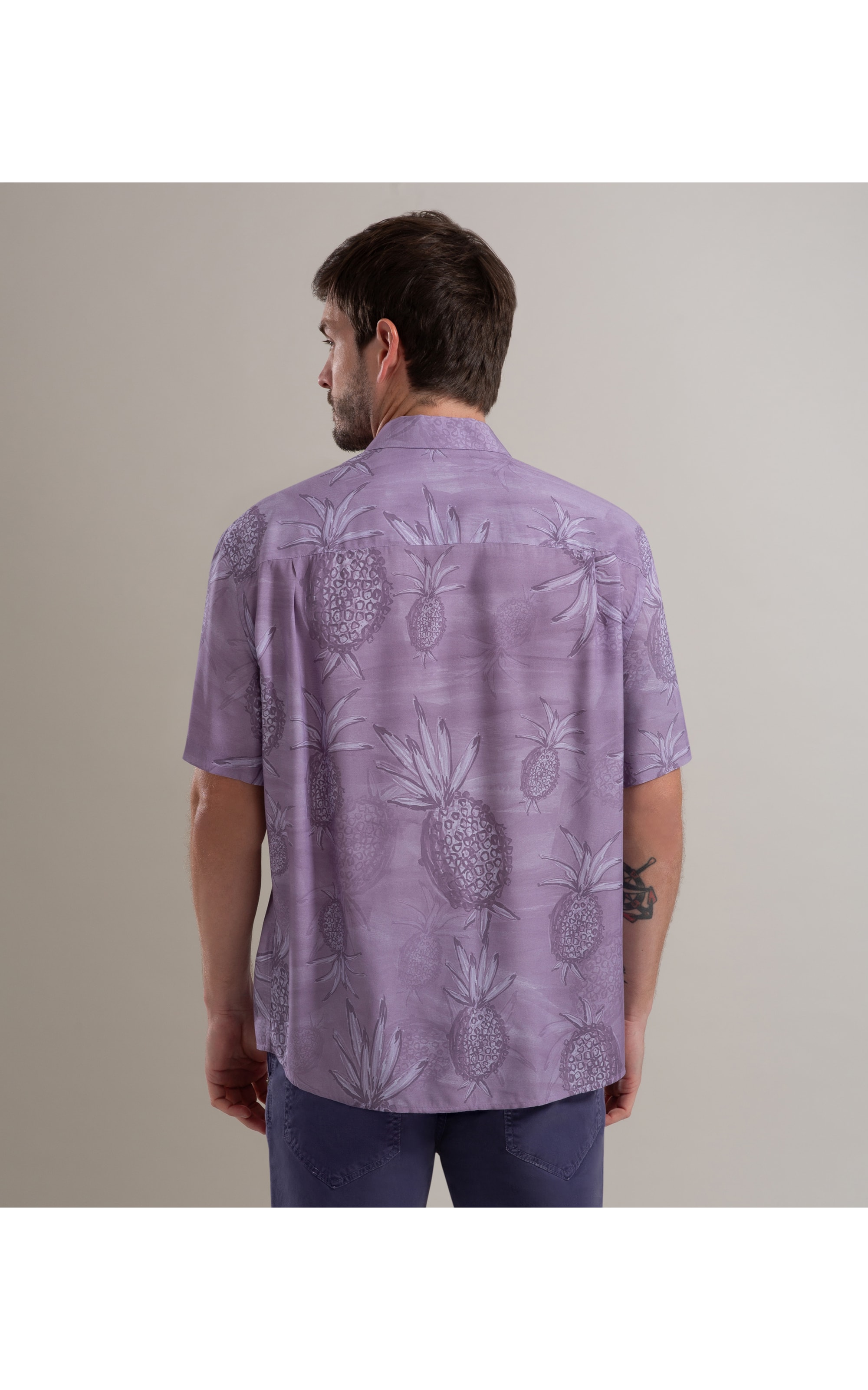 Camisa Viscose Estampada Abacaxis Mc Azul Jeans
