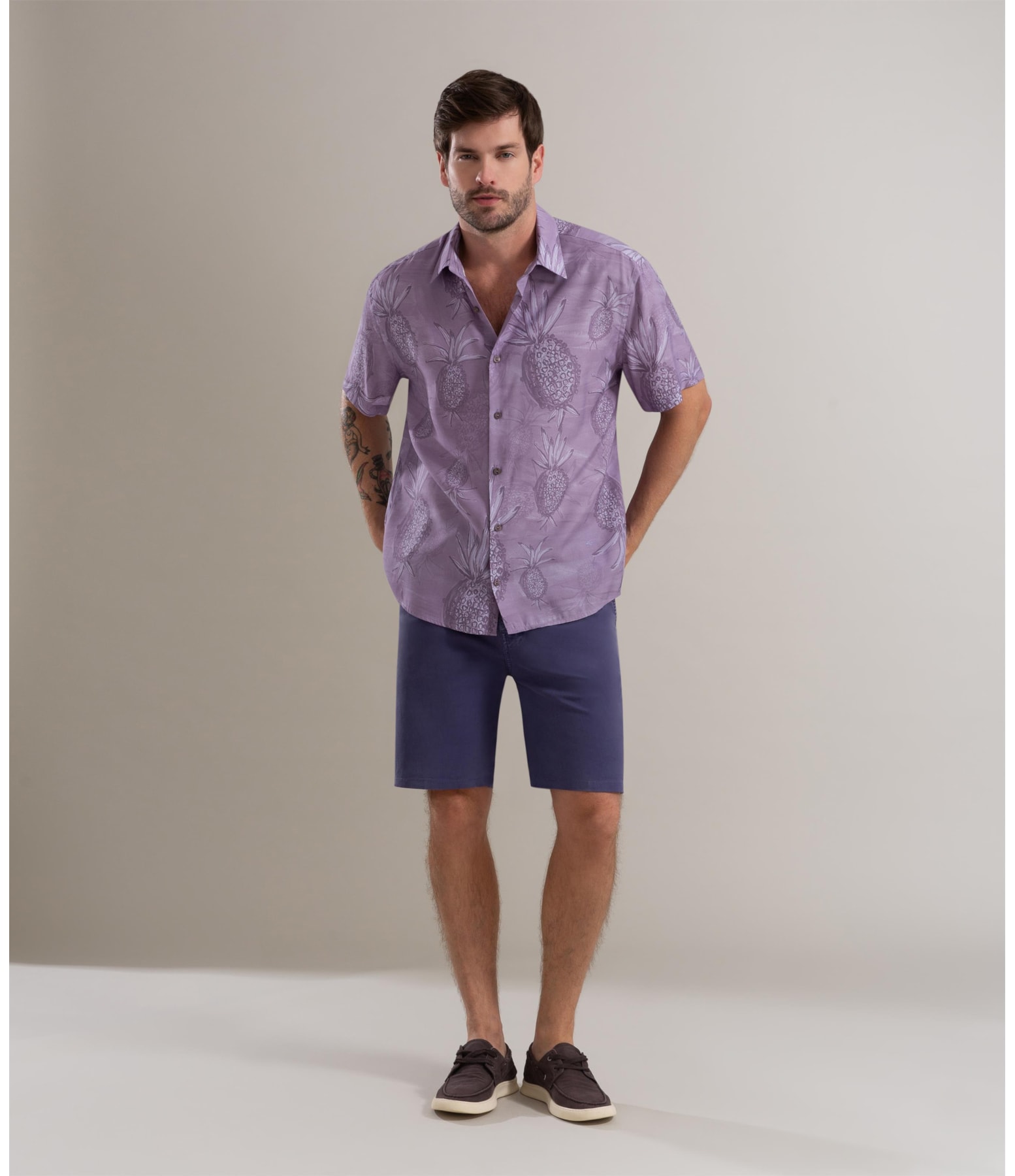 Camisa Viscose Estampada Abacaxis Mc Azul Jeans
