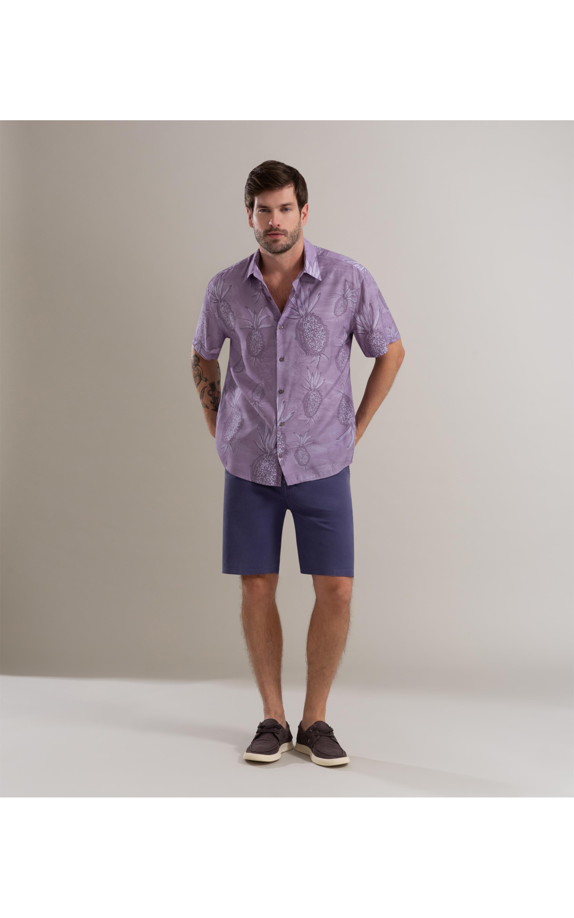 Camisa Viscose Estampada Abacaxis Mc Azul Jeans