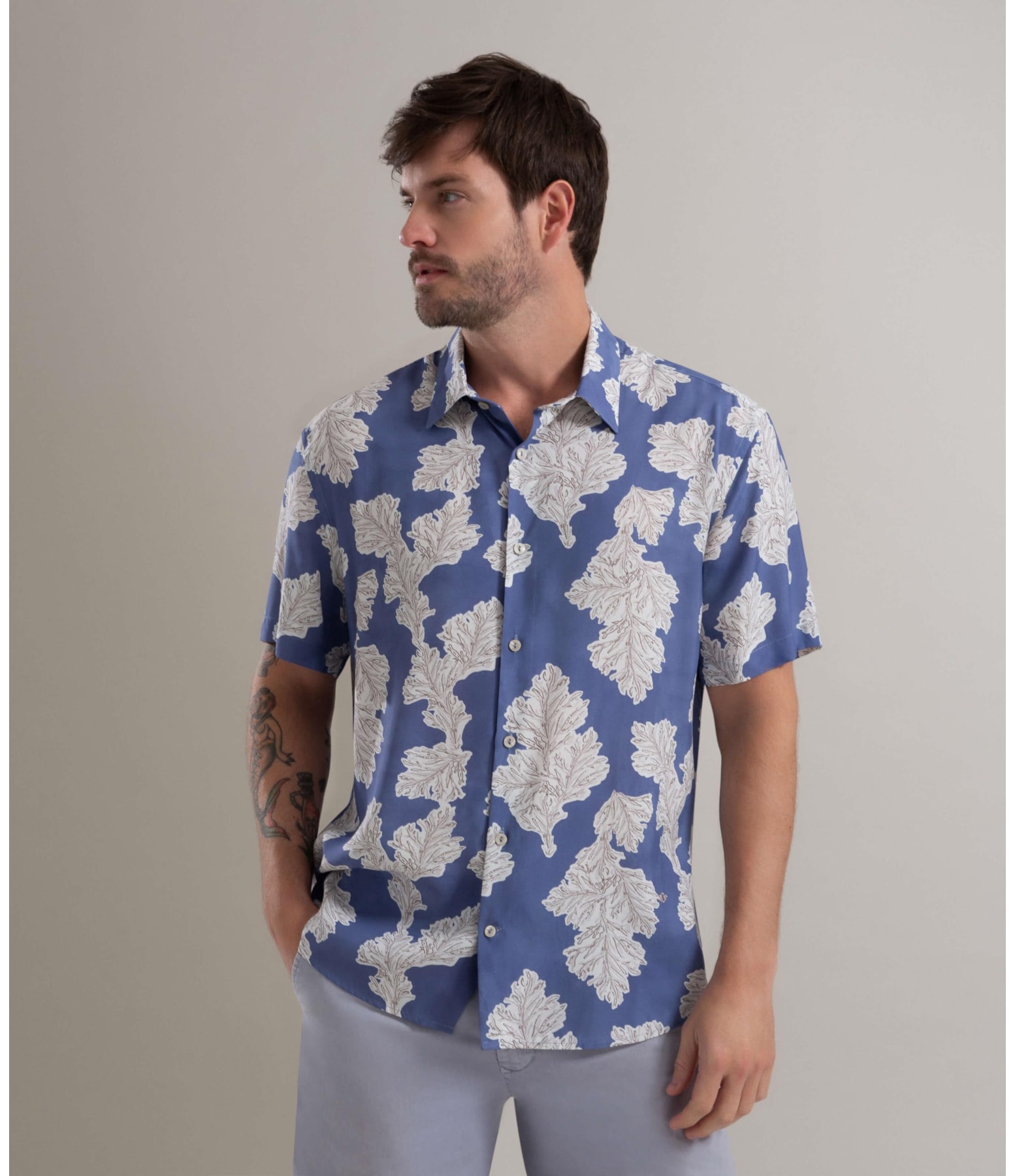 Camisa Viscose Estampada Algas Mc Azul Jeans
