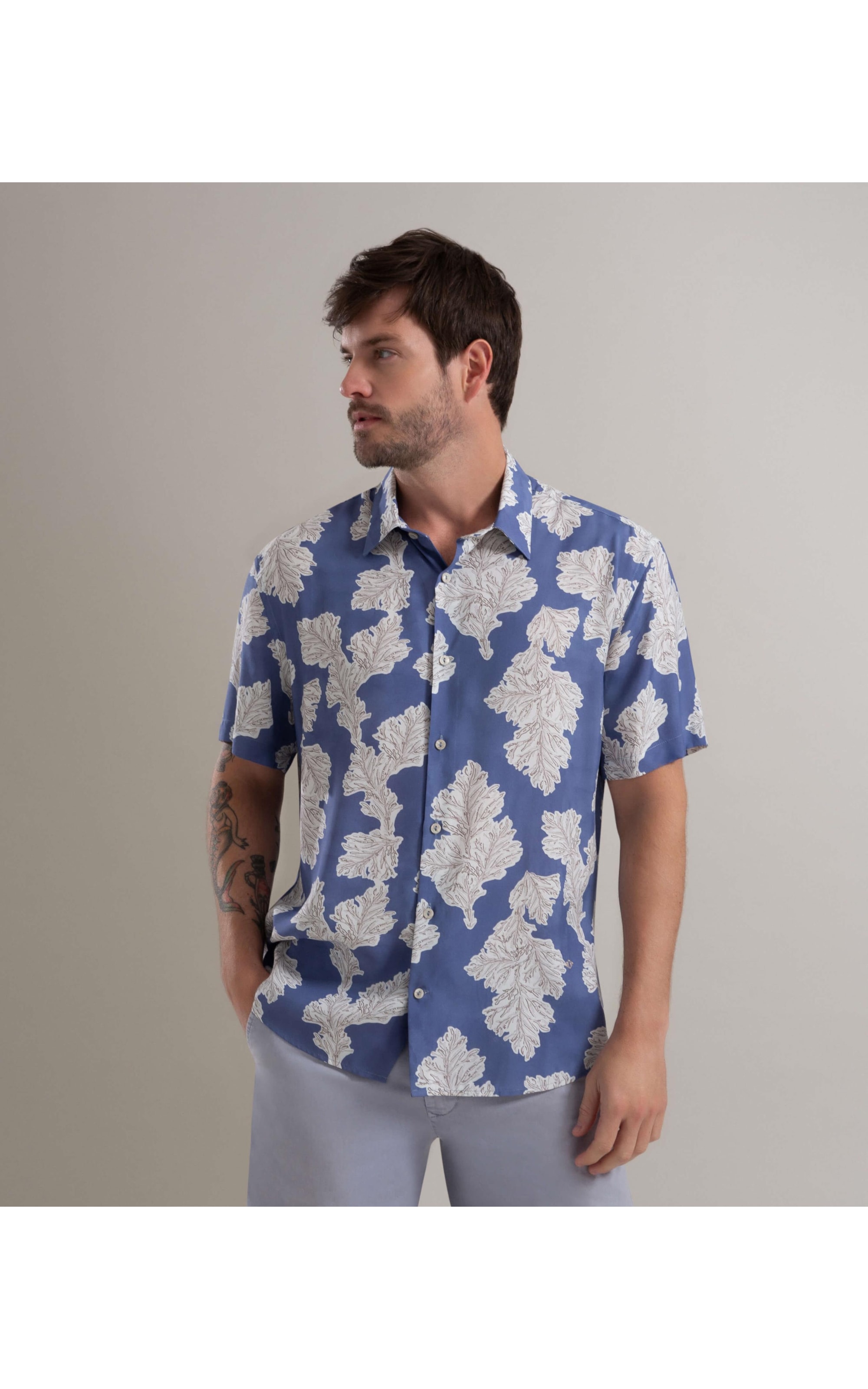 Camisa Viscose Estampada Algas Mc Azul Jeans