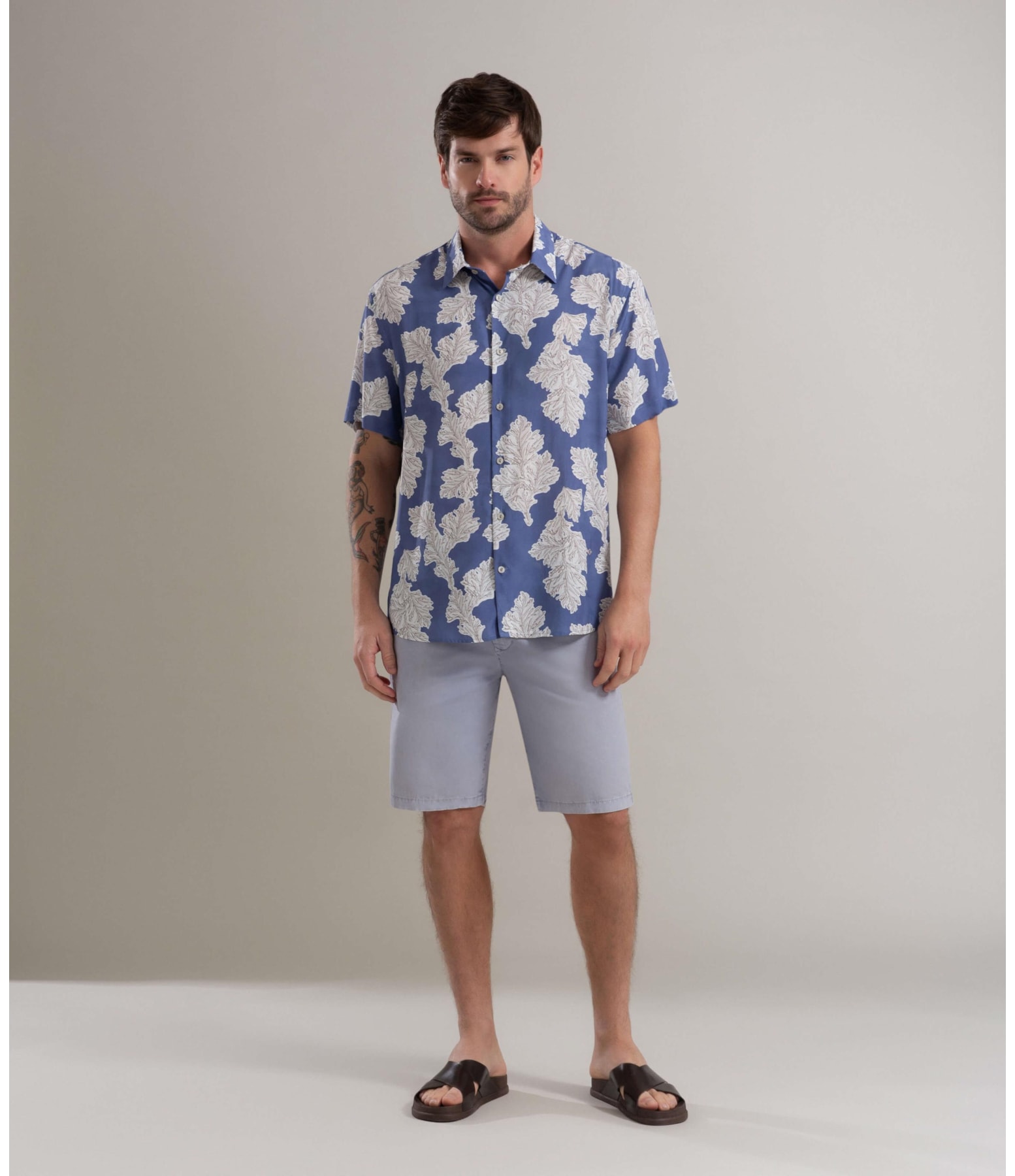 Camisa Viscose Estampada Algas Mc Azul Jeans