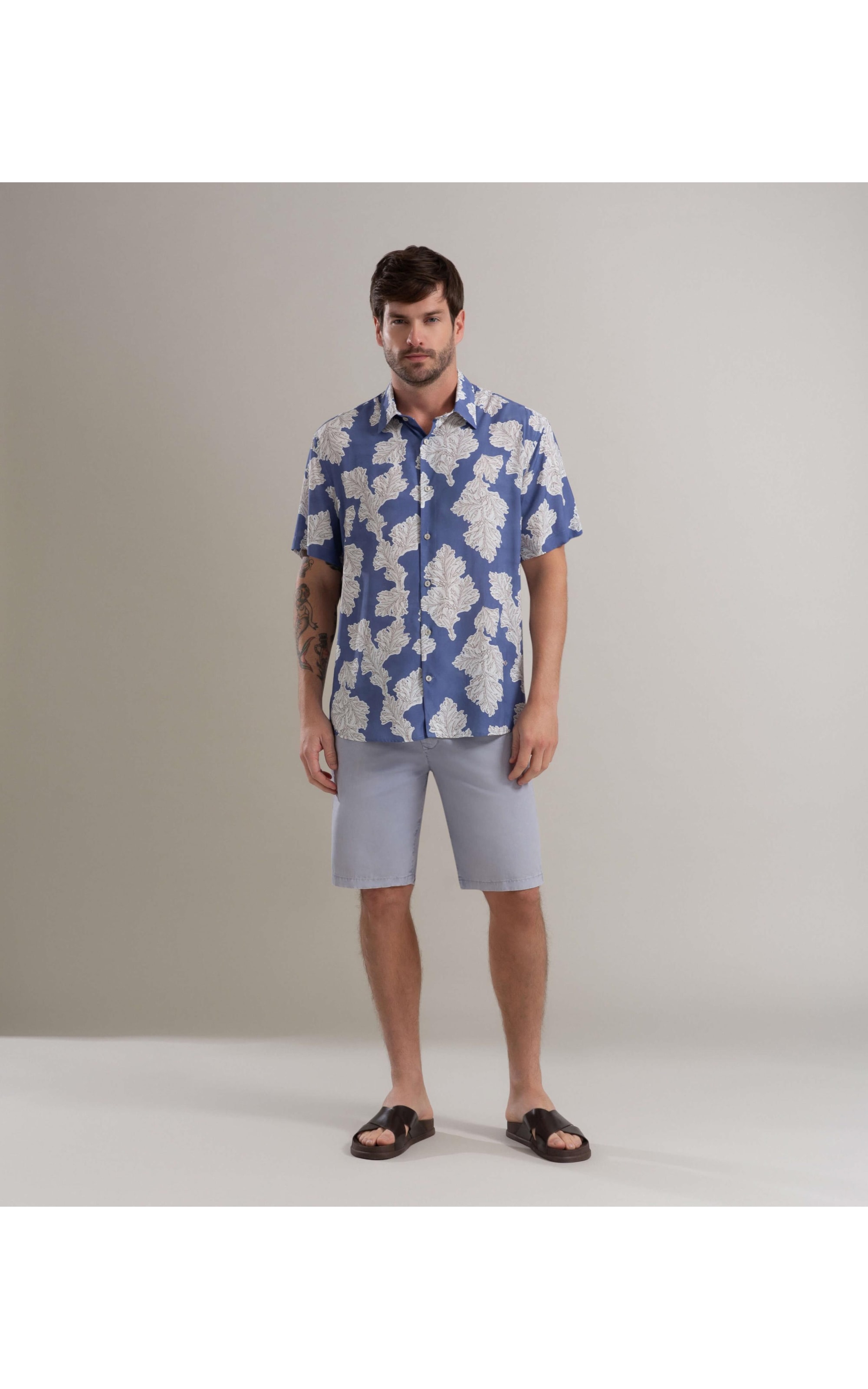 Camisa Viscose Estampada Algas Mc Azul Jeans