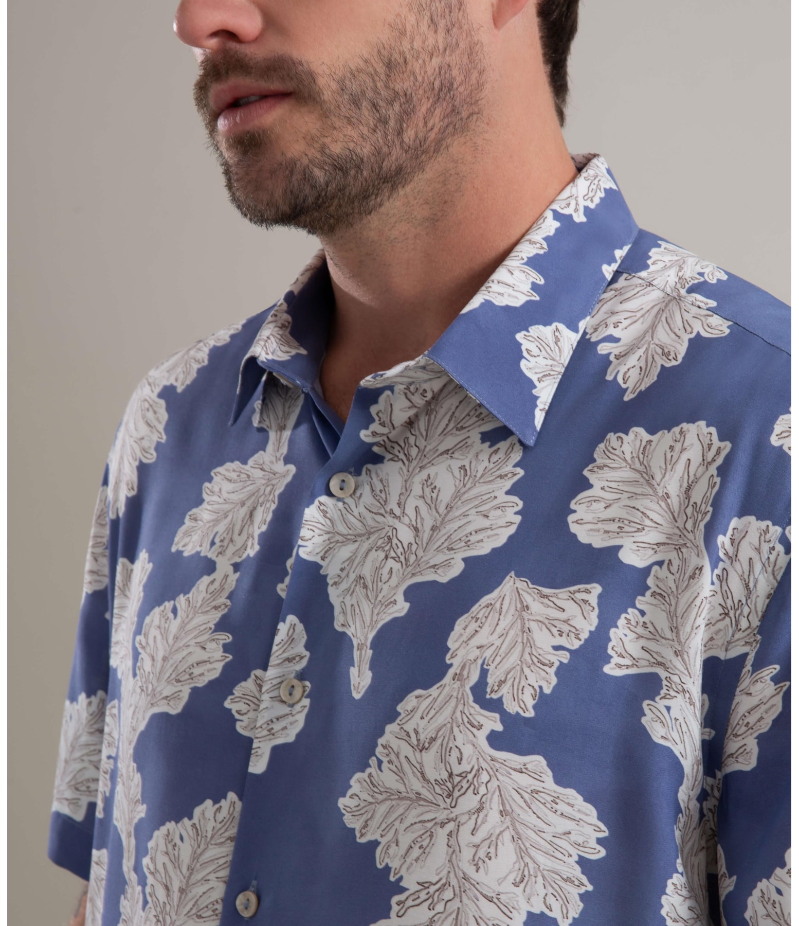 Camisa Viscose Estampada Algas Mc Azul Jeans