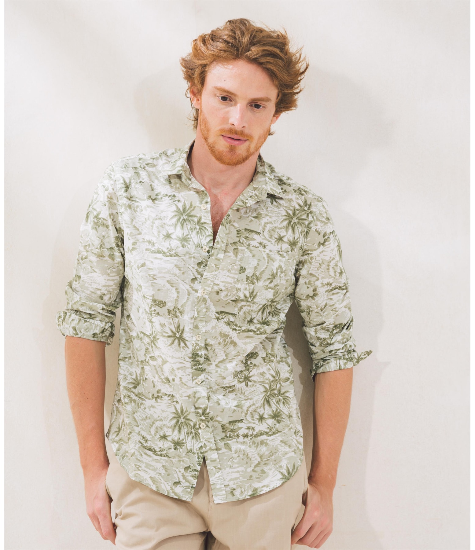 Camisa Voile Estampada Coqueiros Ml Verde