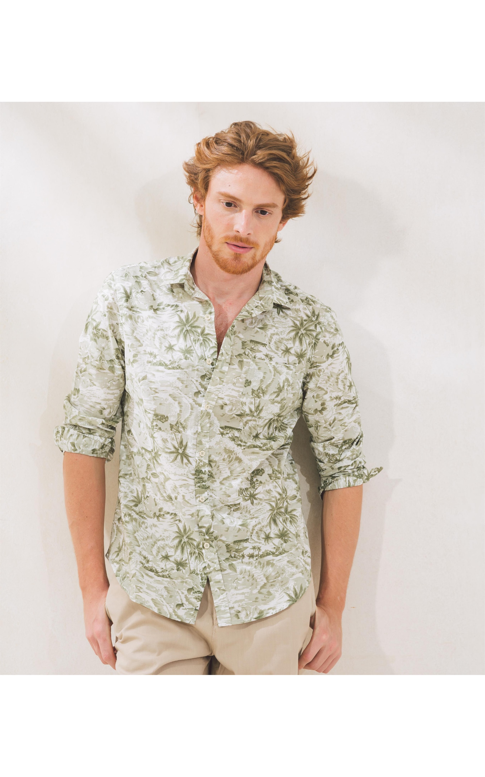 Camisa Voile Estampada Coqueiros Ml Verde