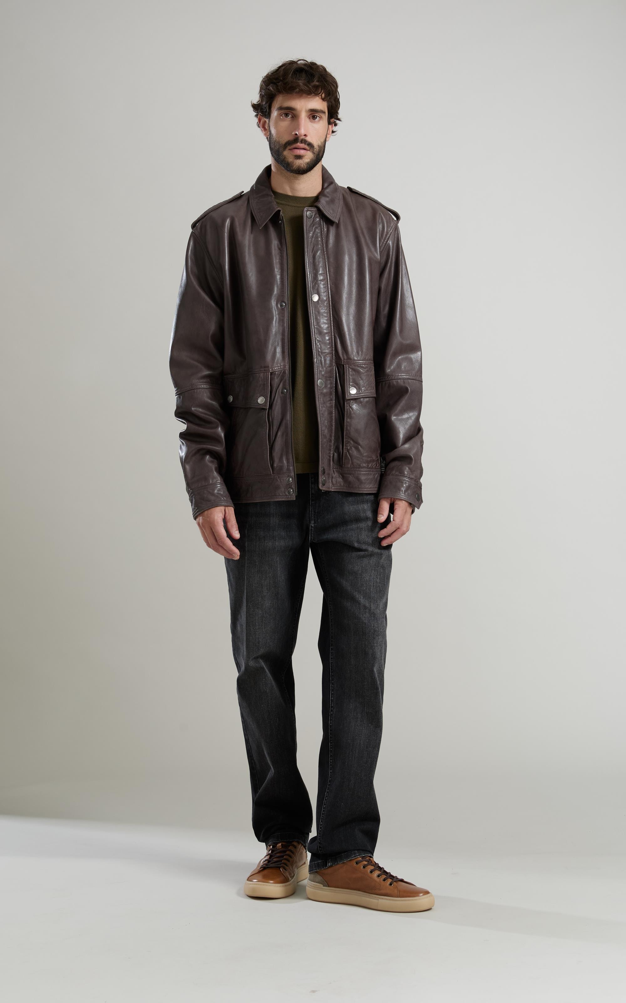 Jaqueta Leather Bomber Lambi Pierre Tabaco