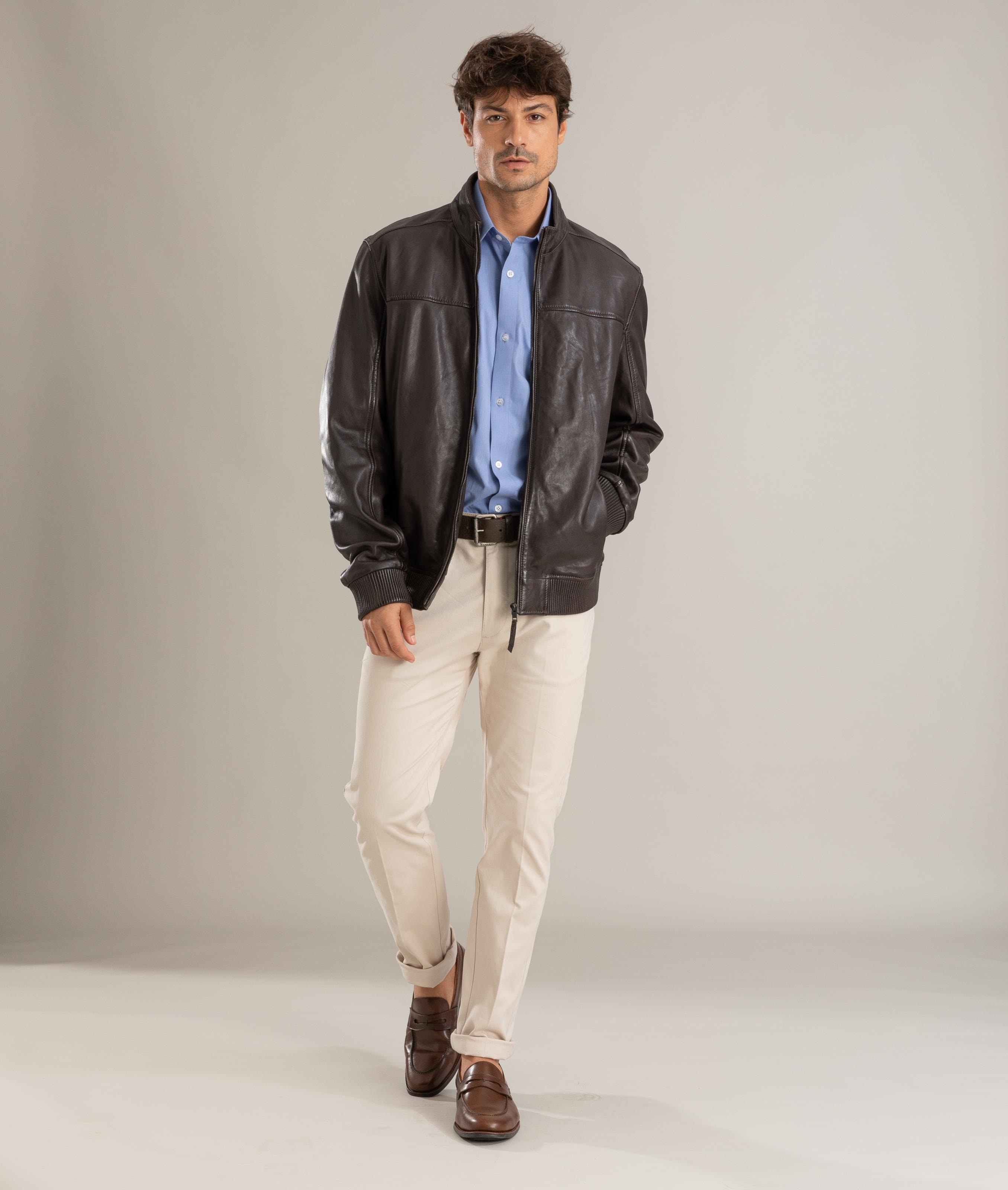 Jaqueta Leather Bomber Lambi Pierre Tabaco