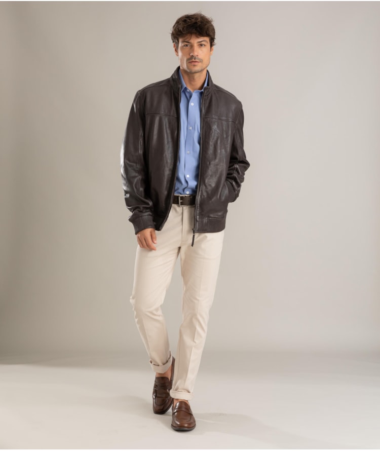 Jaqueta Leather Bomber Lambi Pierre Tabaco