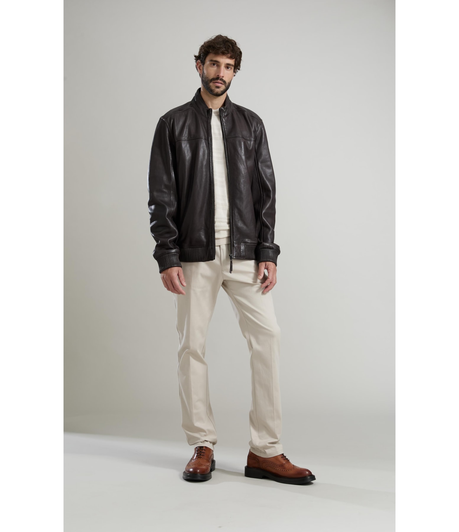 Jaqueta Leather Bomber Lambi Pierre Tabaco