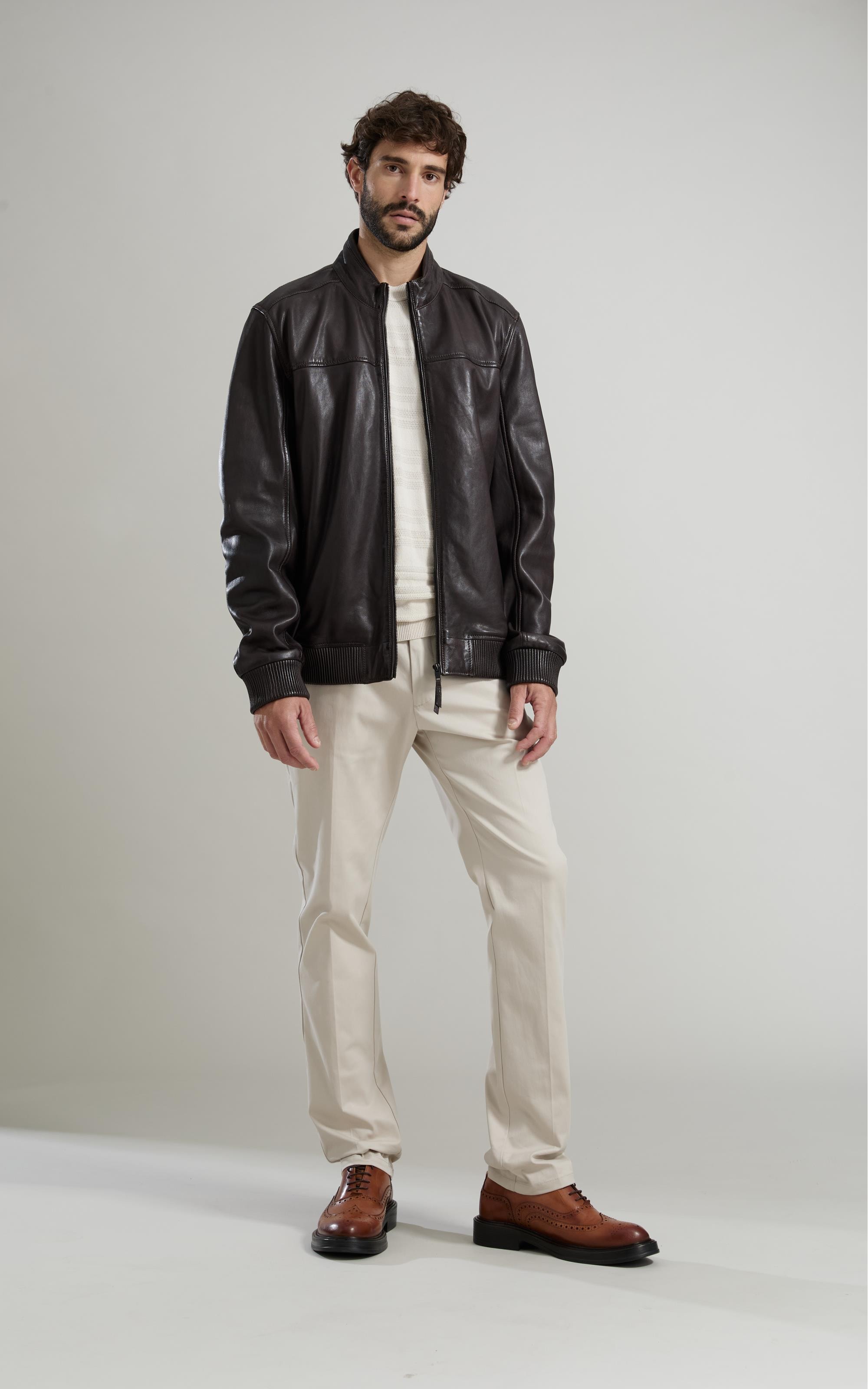 Jaqueta Leather Bomber Lambi Pierre Tabaco