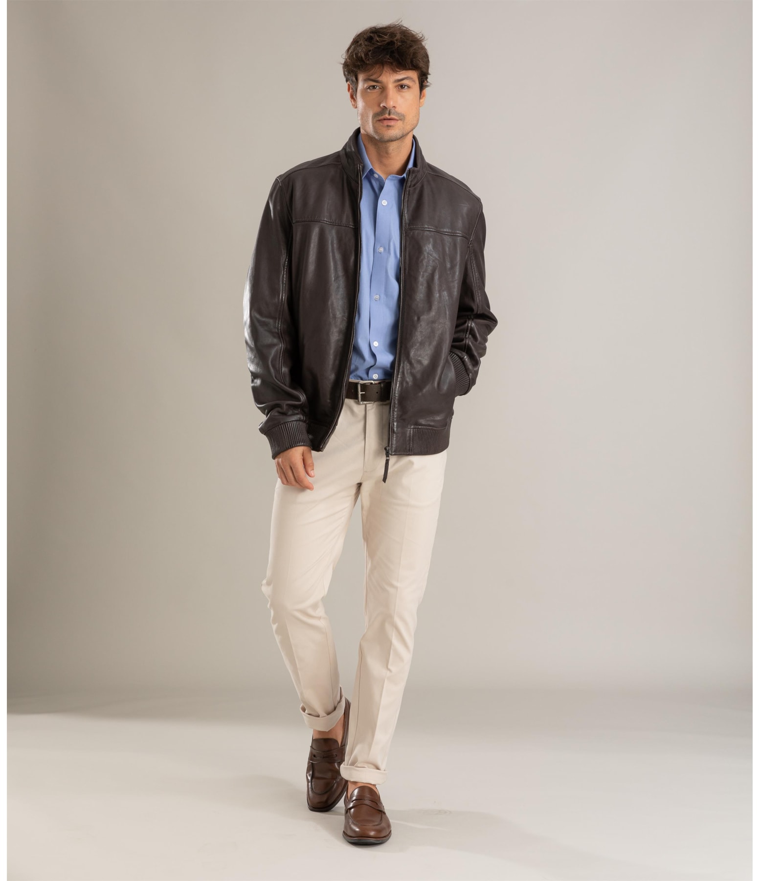 Jaqueta Leather Bomber Lambi Pierre Tabaco