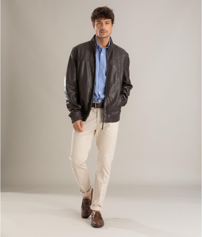 Jaqueta Leather Bomber Lambi Pierre Tabaco