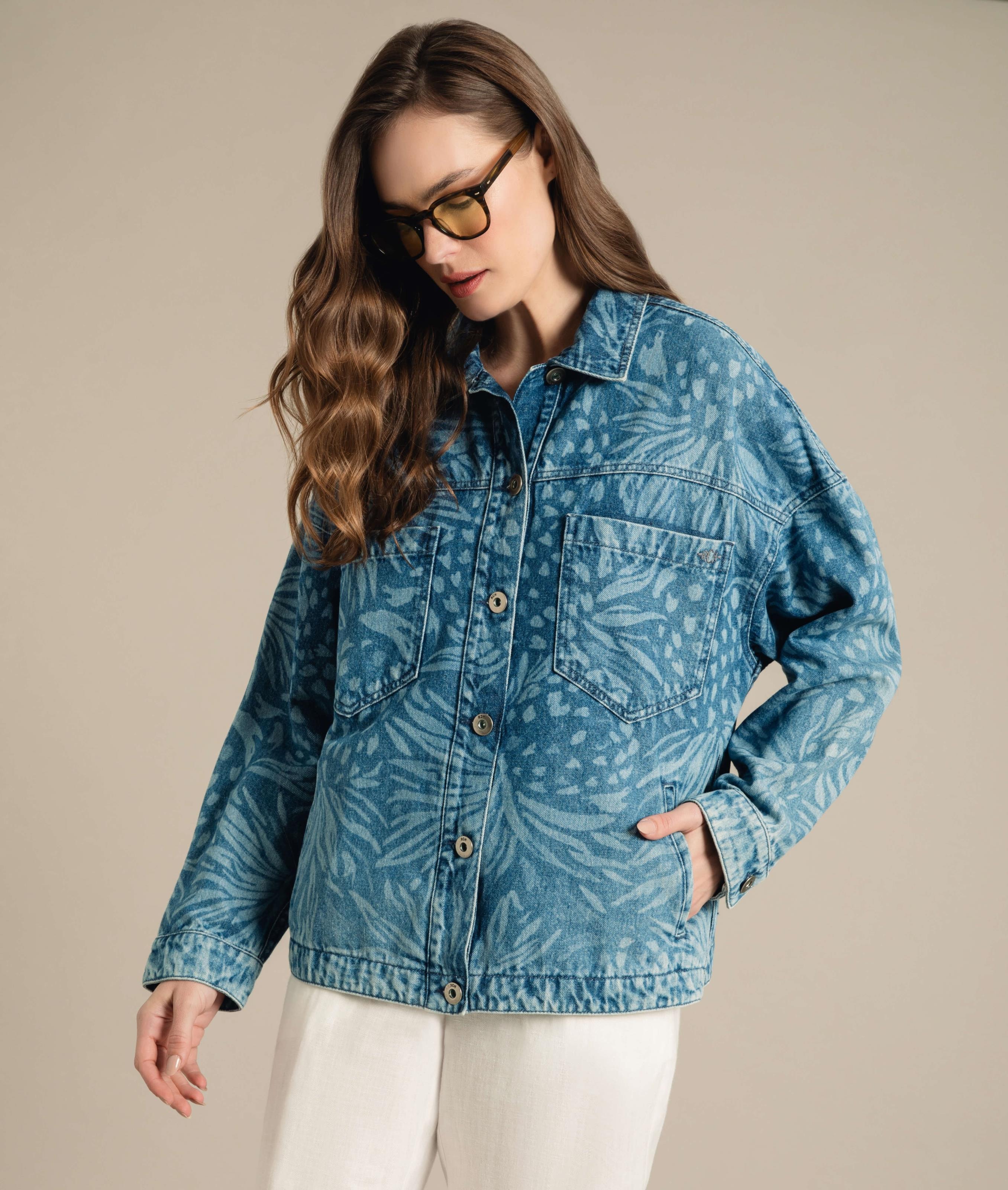 【PELLICULE】lacybelt motif denim Jaqueta Vintage Denim Pineapple Lav.Estampa Laser