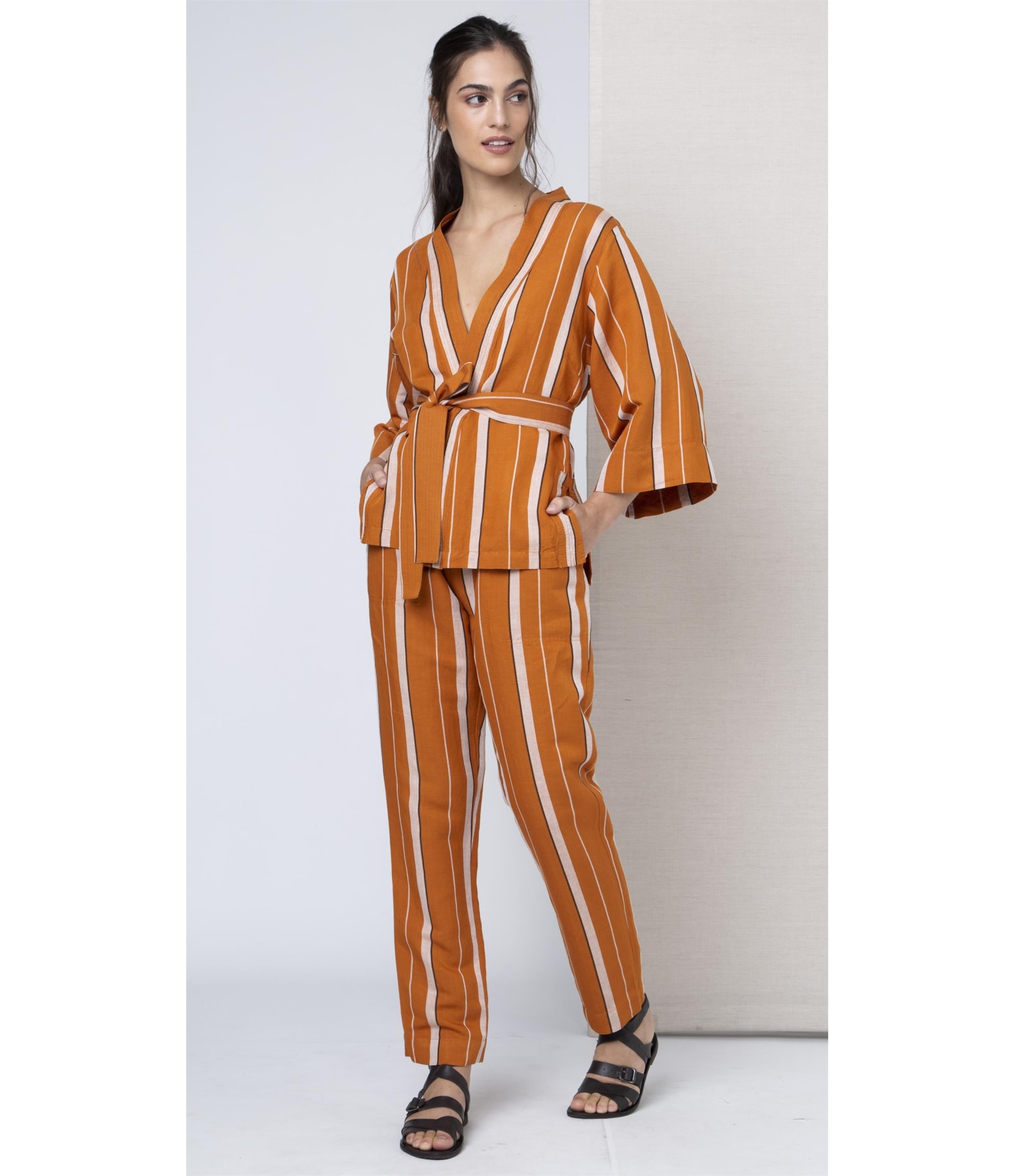 Kimono Linho Curto Listrado Laranja