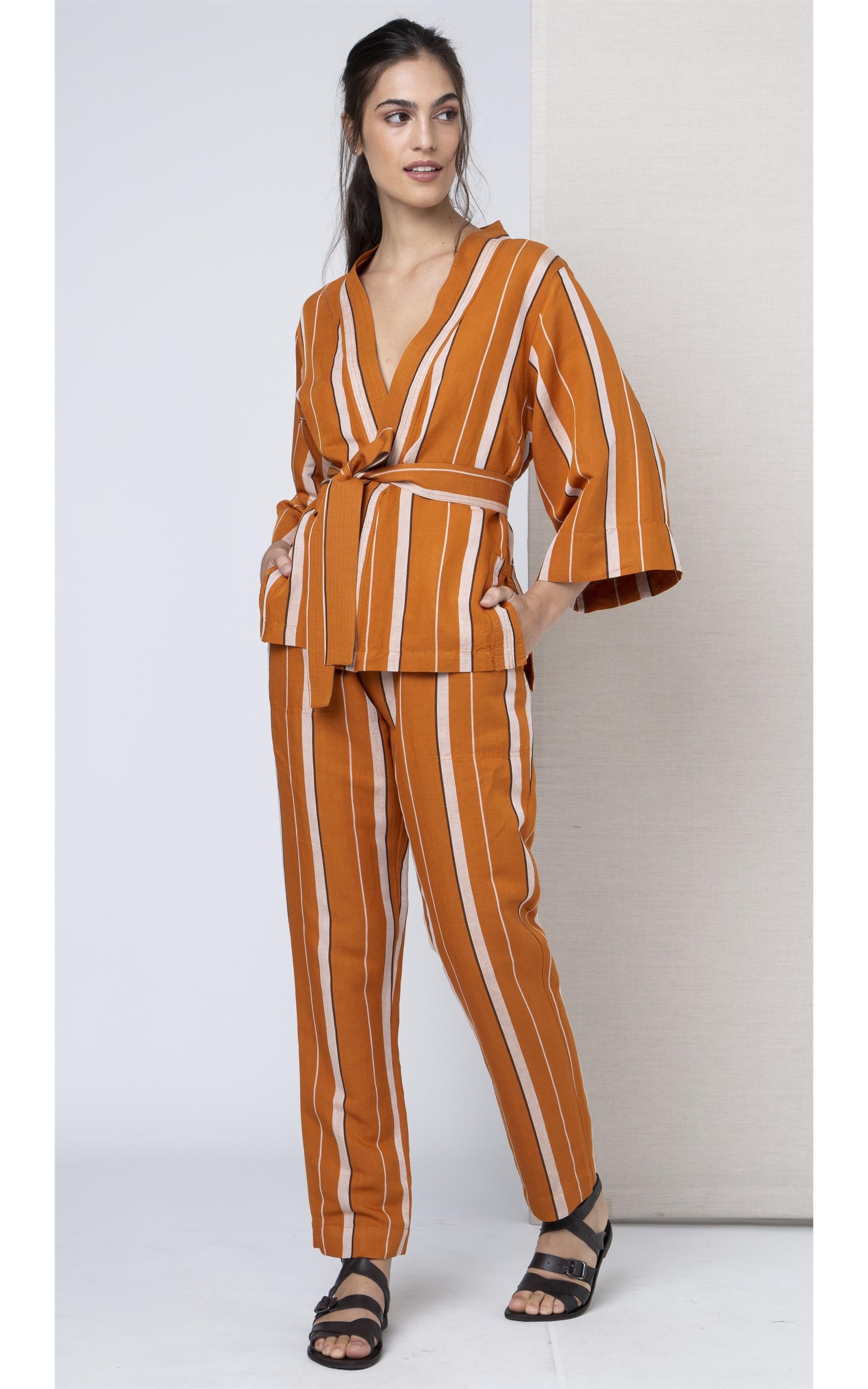 Kimono Linho Curto Listrado Laranja