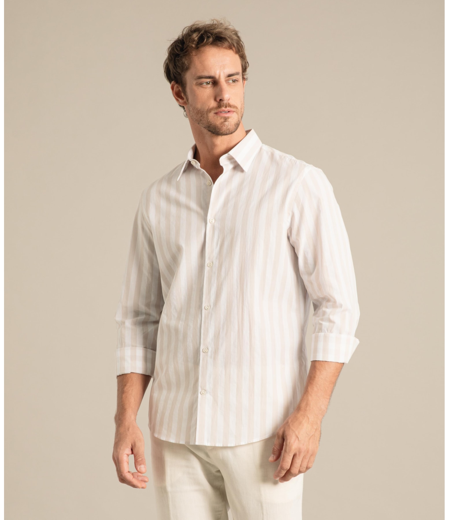 Long Sleeve Isaac Striped Traveler Shirt Bege
