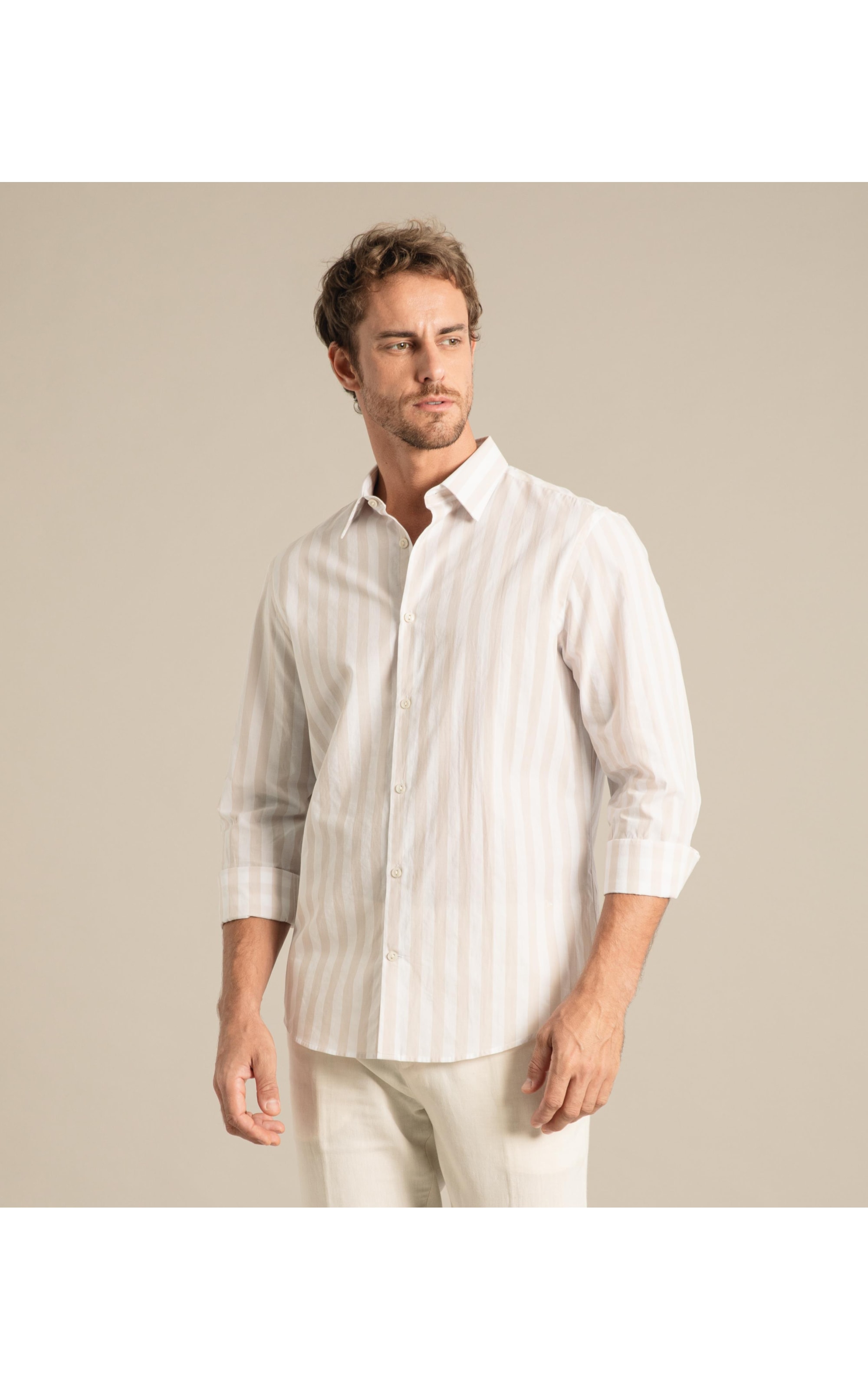Long Sleeve Isaac Striped Traveler Shirt Bege