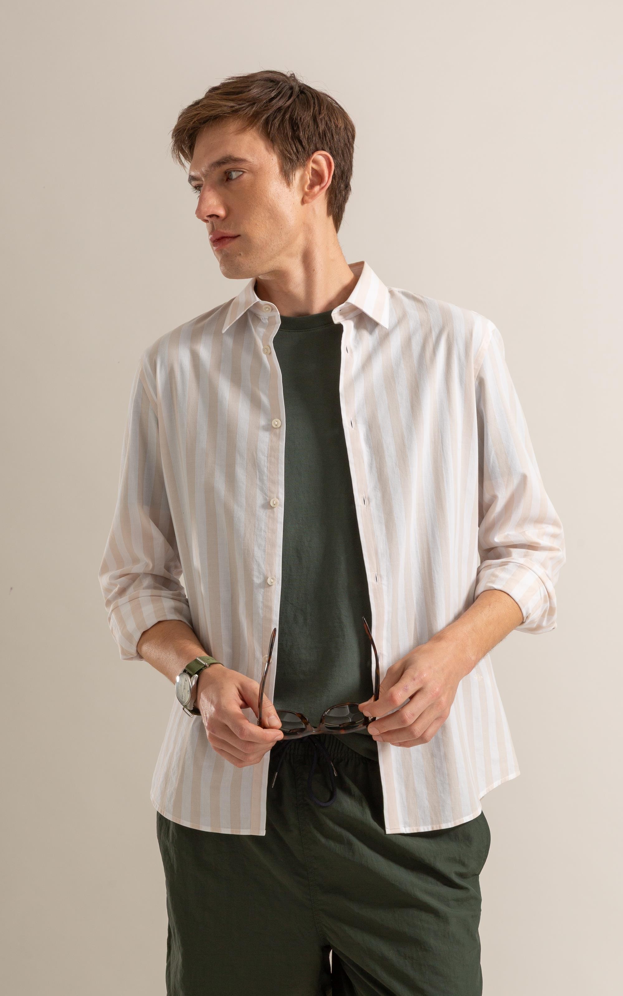 Long Sleeve Isaac Striped Traveler Shirt Bege