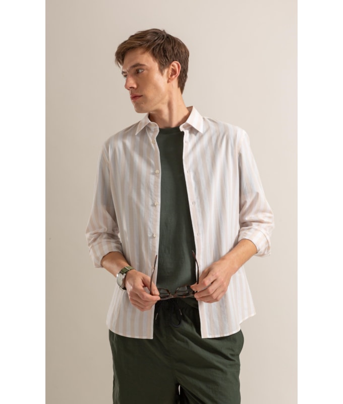 Long Sleeve Isaac Striped Traveler Shirt Bege