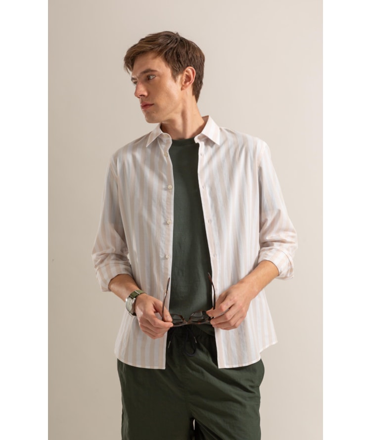 Long Sleeve Isaac Striped Traveler Shirt Bege