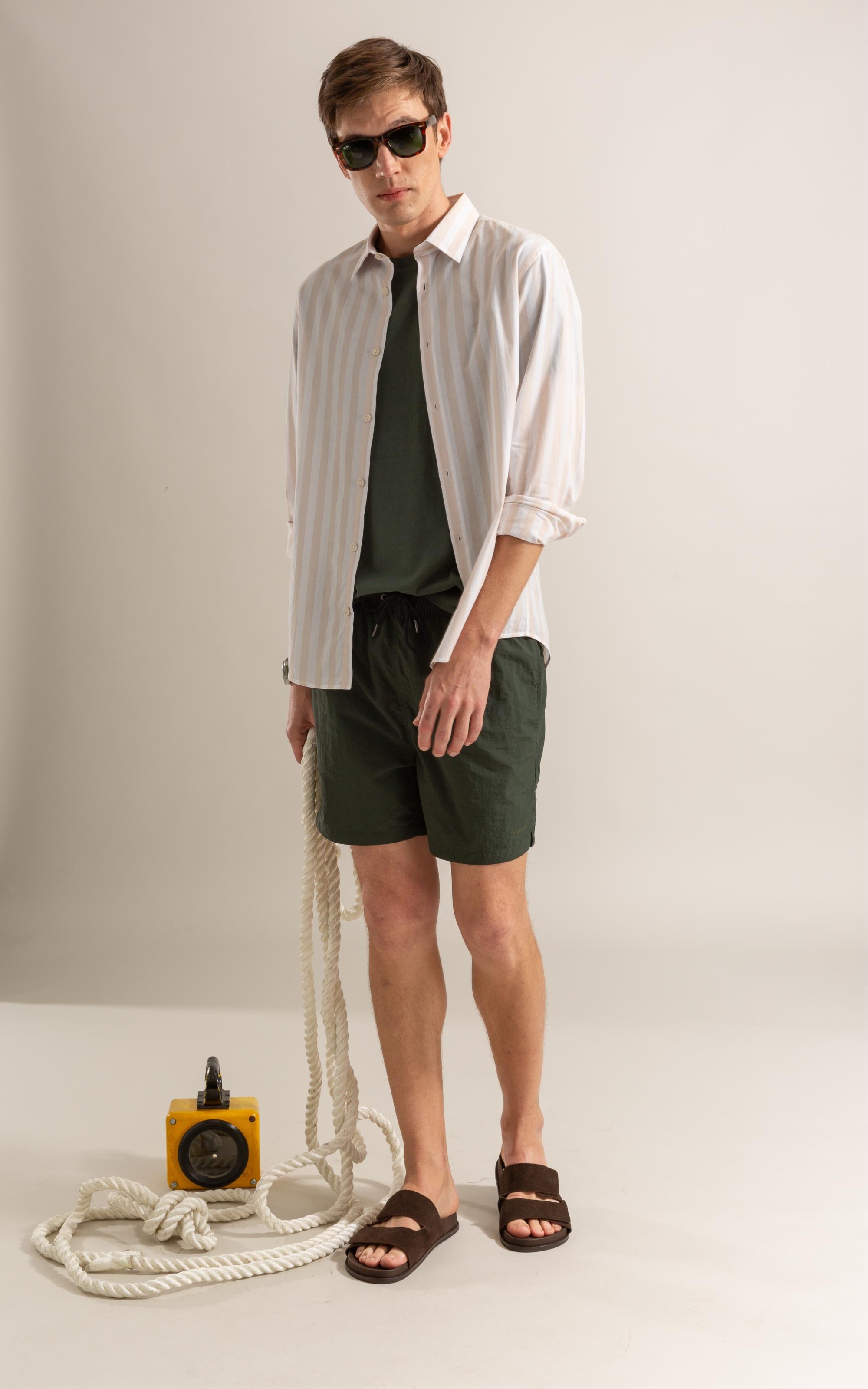 Long Sleeve Isaac Striped Traveler Shirt Bege