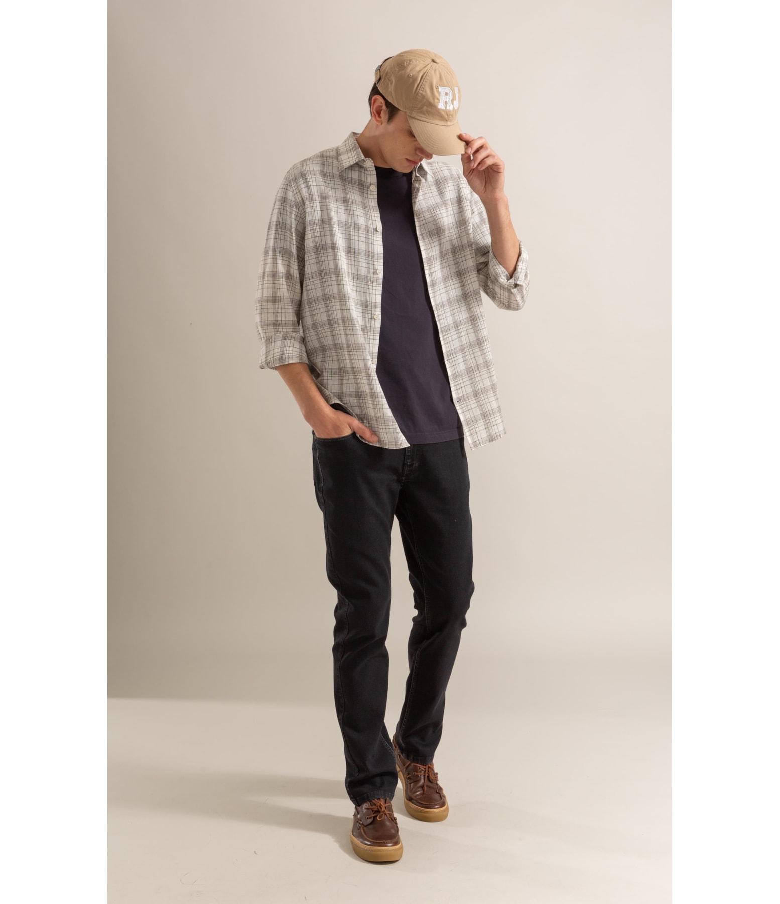 Long Sleeve Linho   Ryan Plaid Shirt Cinza Claro