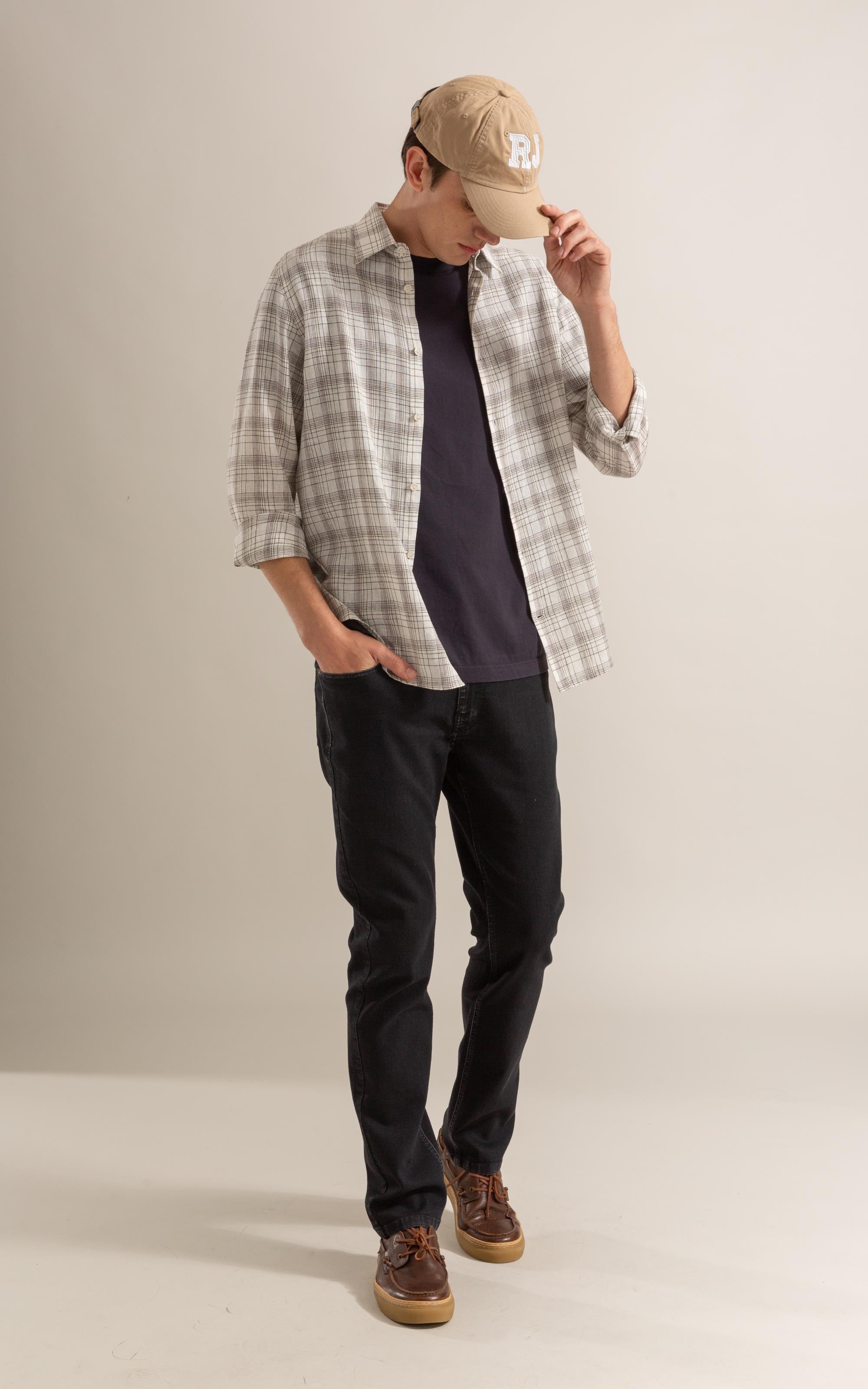 Long Sleeve Linho   Ryan Plaid Shirt Cinza Claro