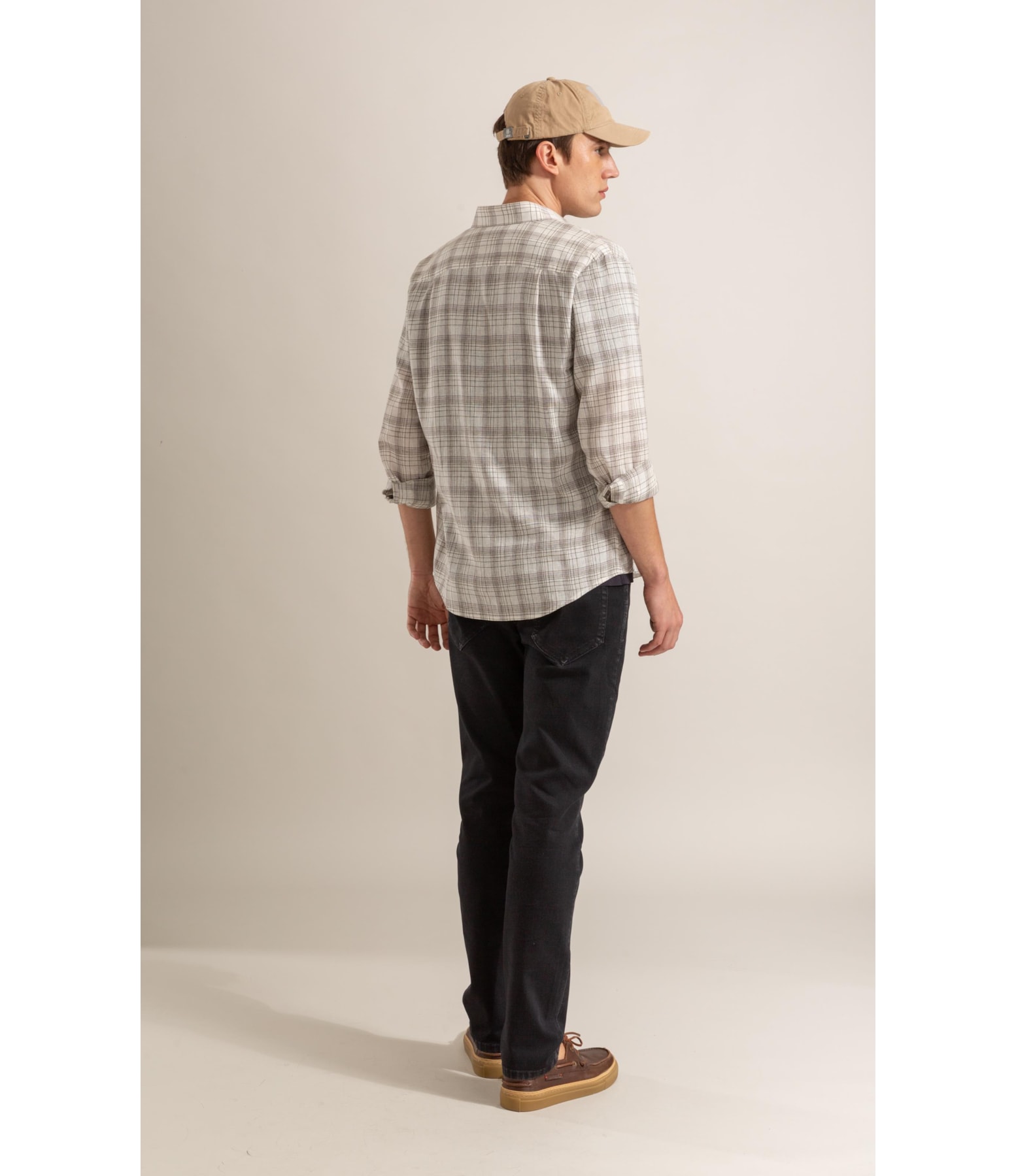 Long Sleeve Linho   Ryan Plaid Shirt Cinza Claro