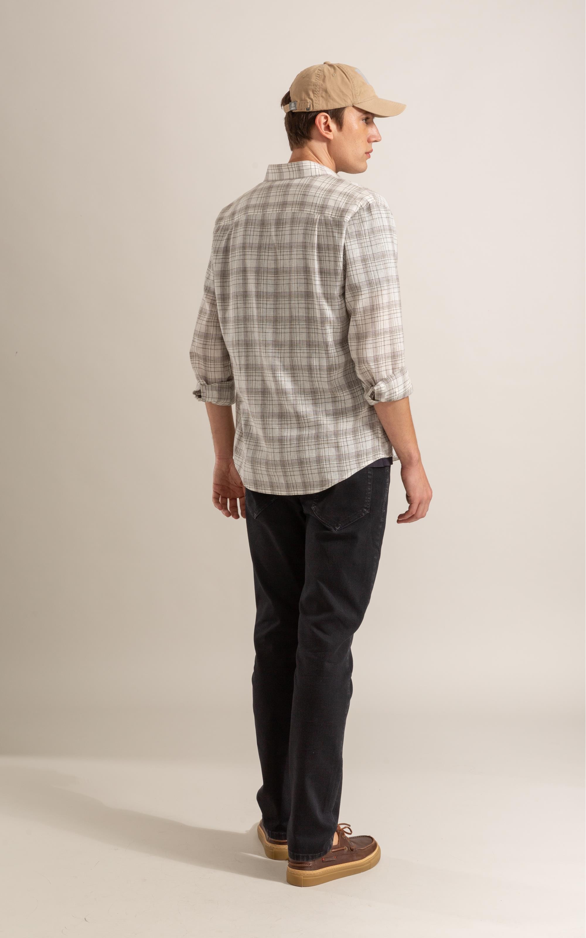 Long Sleeve Linho   Ryan Plaid Shirt Cinza Claro