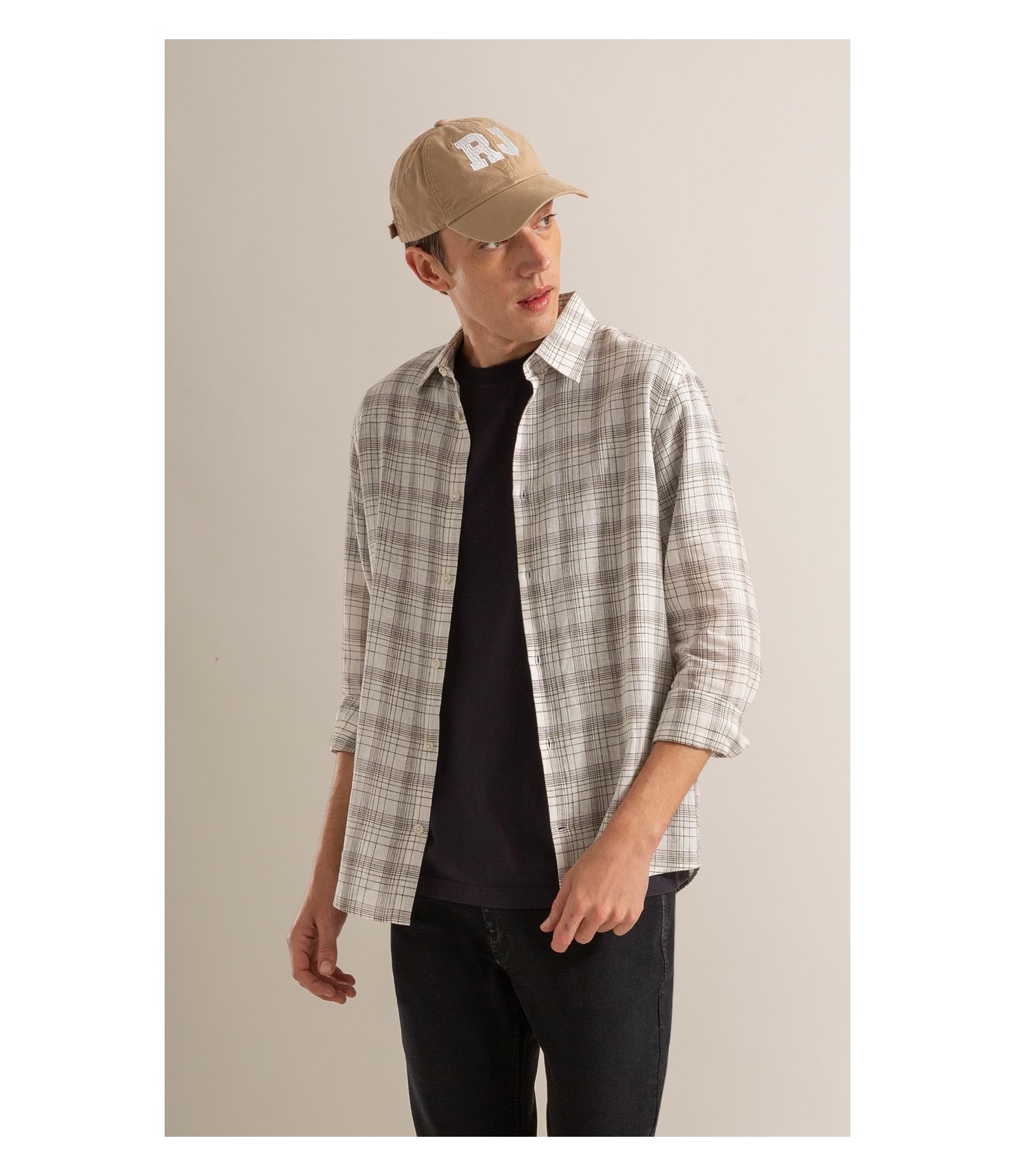 Long Sleeve Linho   Ryan Plaid Shirt Cinza Claro