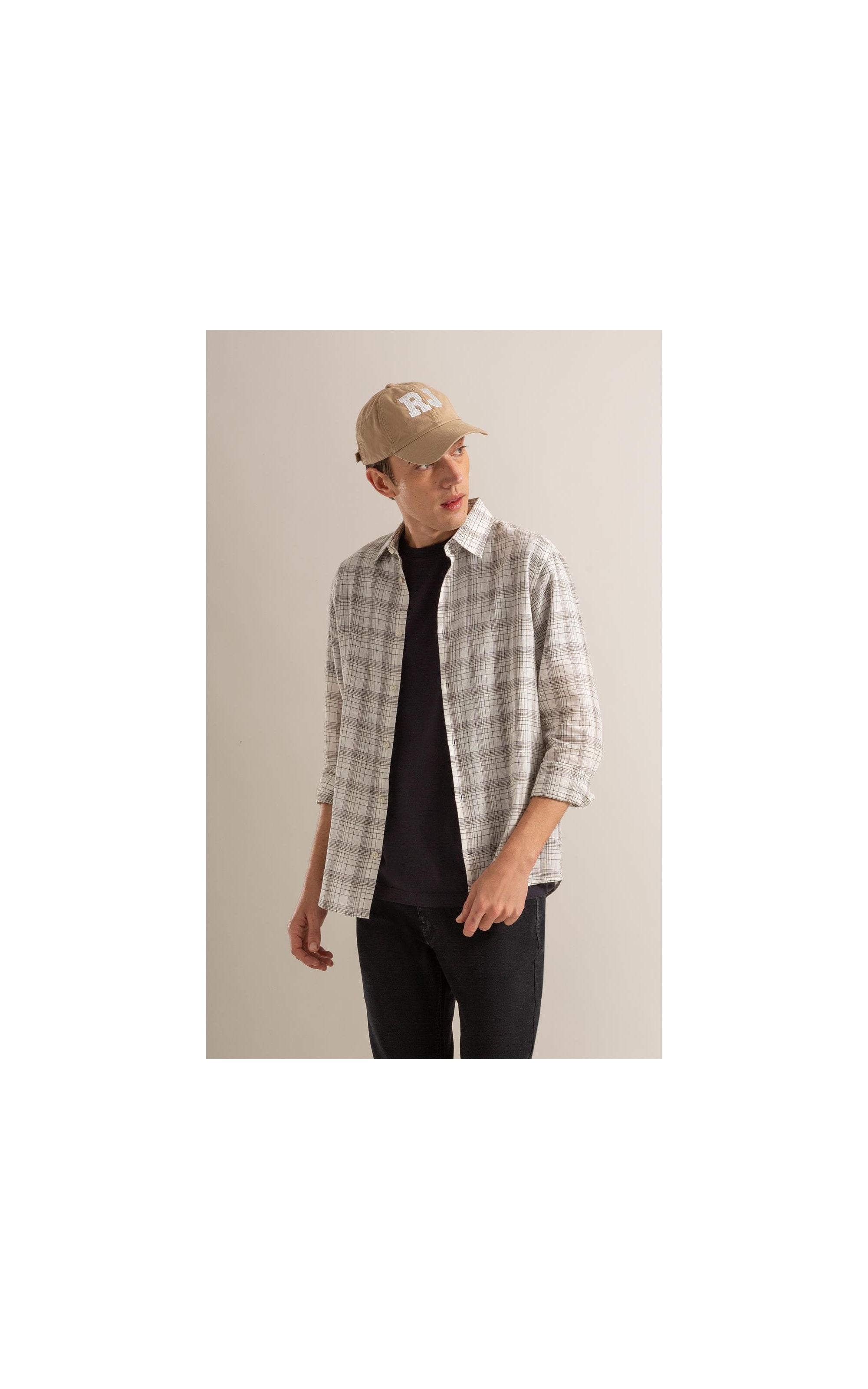 Long Sleeve Linho   Ryan Plaid Shirt Cinza Claro