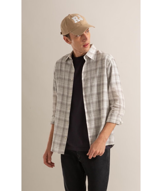 Long Sleeve Linho   Ryan Plaid Shirt Cinza Claro